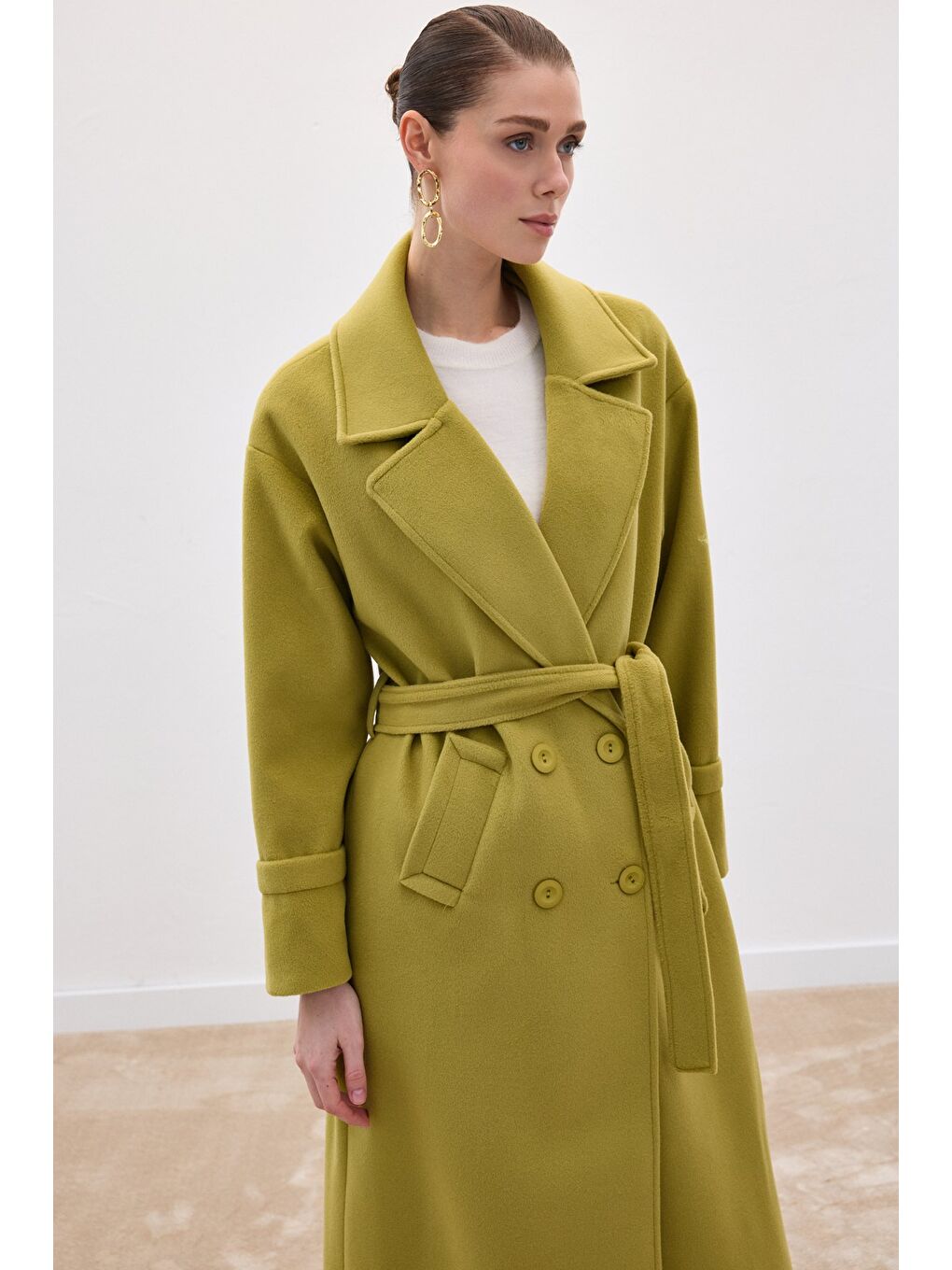 Beli Bağlamalı Uzun Kaban - Yağ Yeşili-6