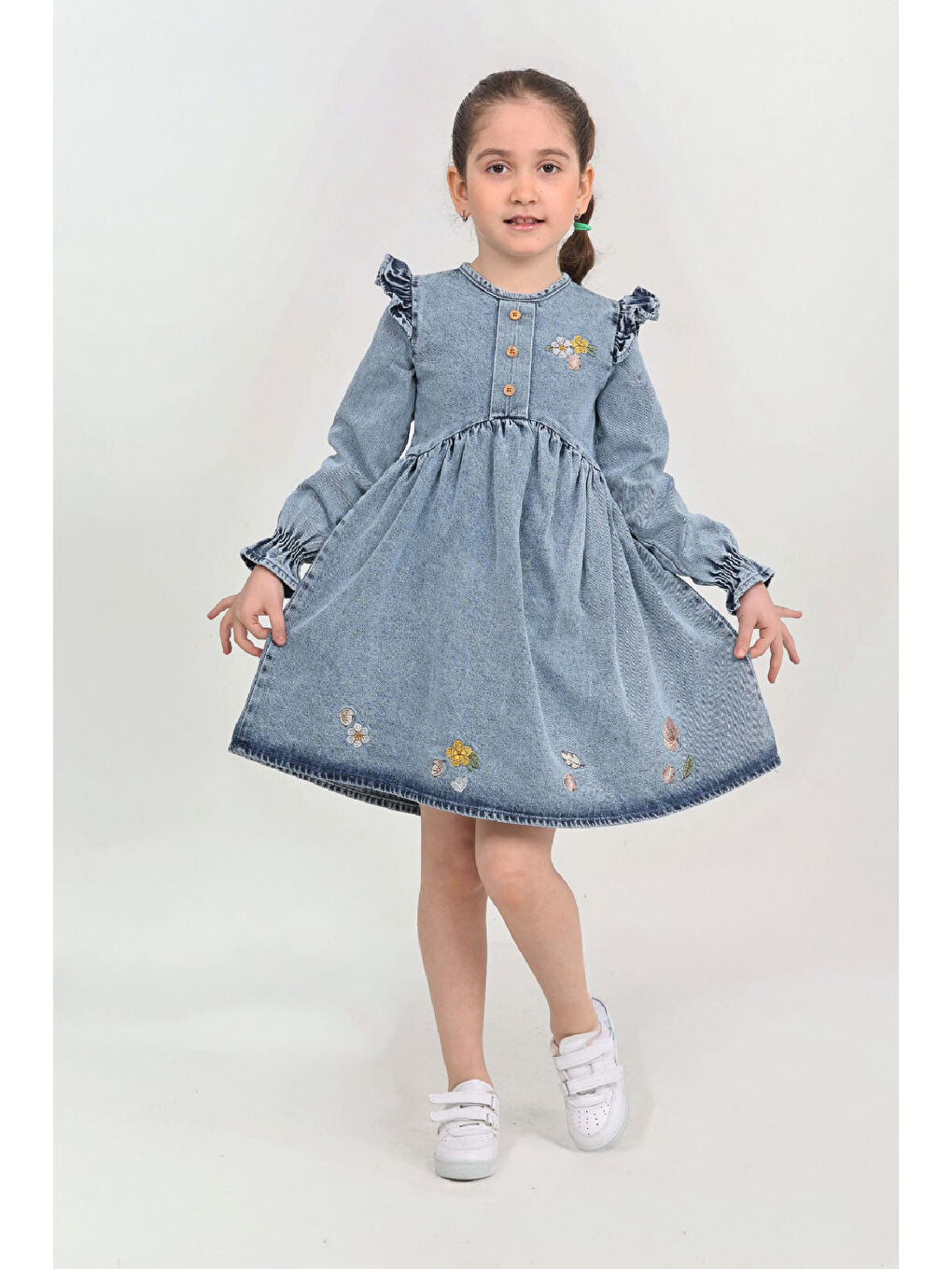 İndigo Kız Çocuk Papatya Nakışlı Omuz Fırfırlı Jean Elbise 12466-1