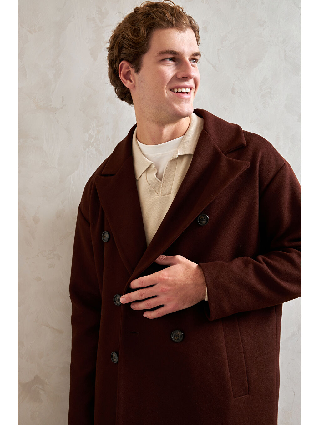 Kahverengi Erkek Oversize Astarlı Uzun Kaşe Kaban-5