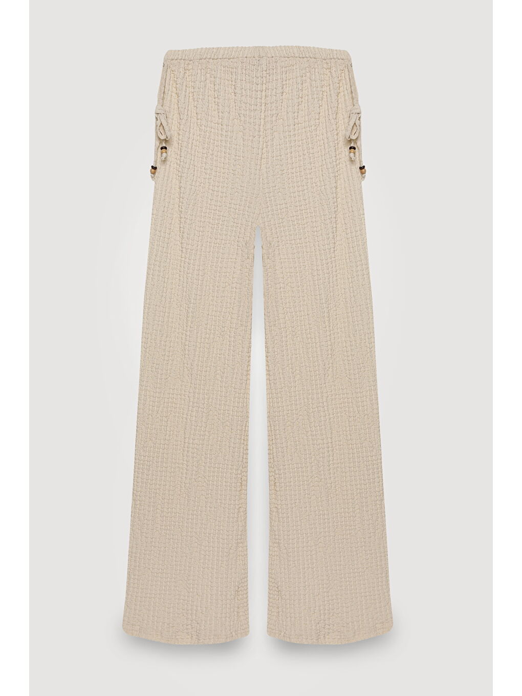 Bej Yanları Boncuk Bağlamalı Gofre Pantolon Taş-2