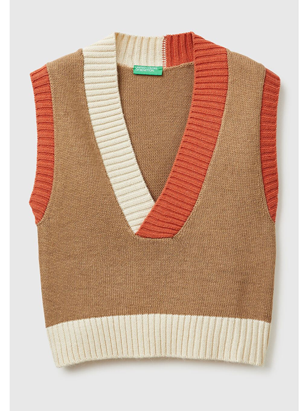 Kadın Açık Kahverengi Akrilik ve Yün Karışımlı Ribana Detaylı V Yaka Kolsuz Kazak-1