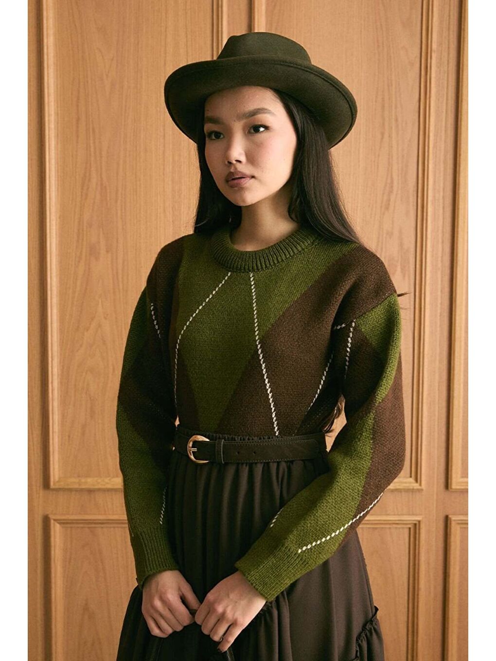 Zeytin Yeşili Baklava Desen Triko Kazak-1