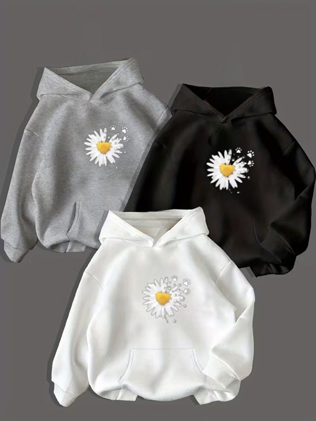 Karışık 3Lü Set Siyah Gri Beyaz Gloriosa Papatya Baskılı Kapüşonlu Oversize Sweatshirt