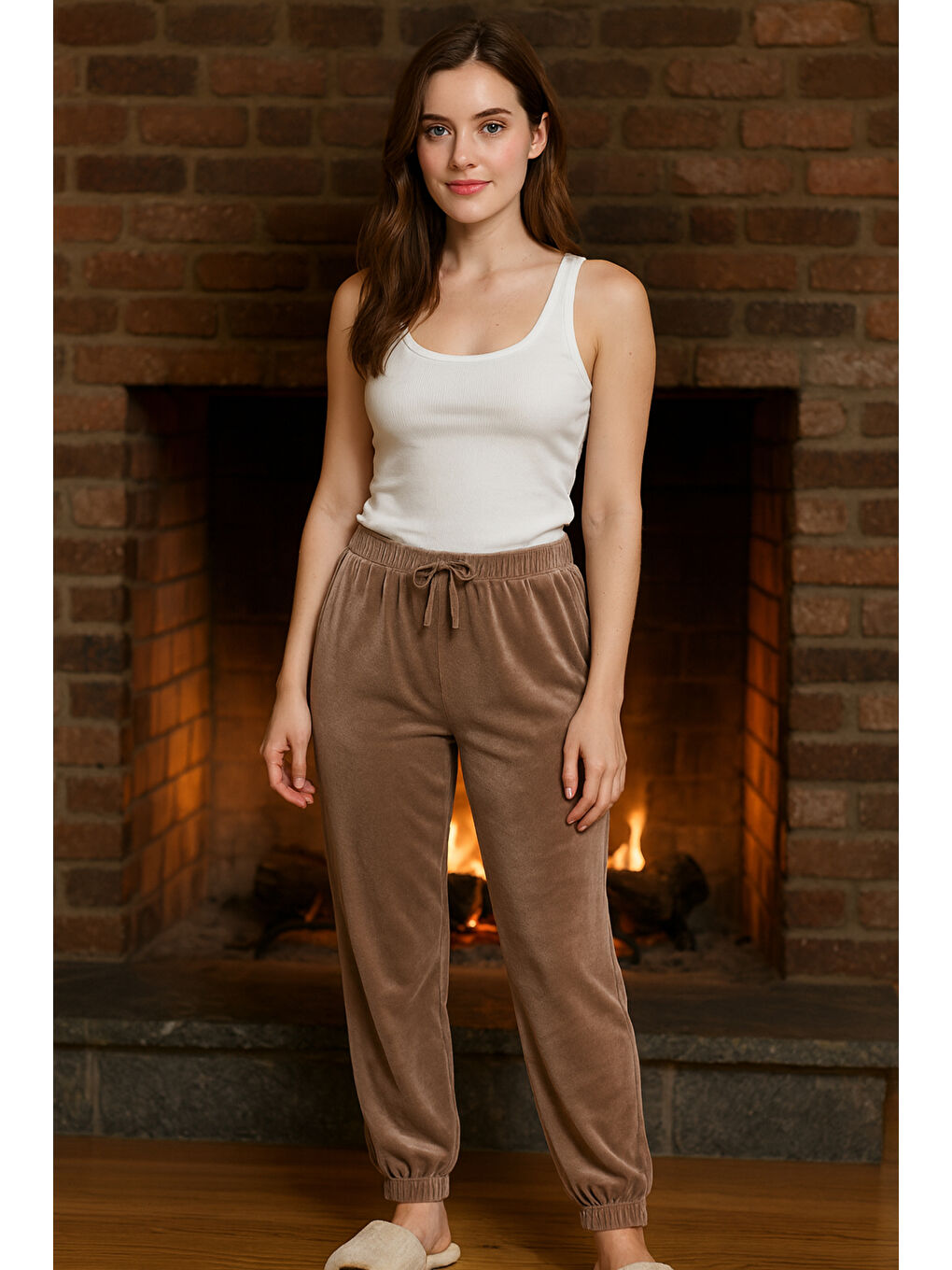 Bej Kadın Paçası Lastikli Cep Detaylı Kadife Kumaş Tek Alt 503 Vizon-1