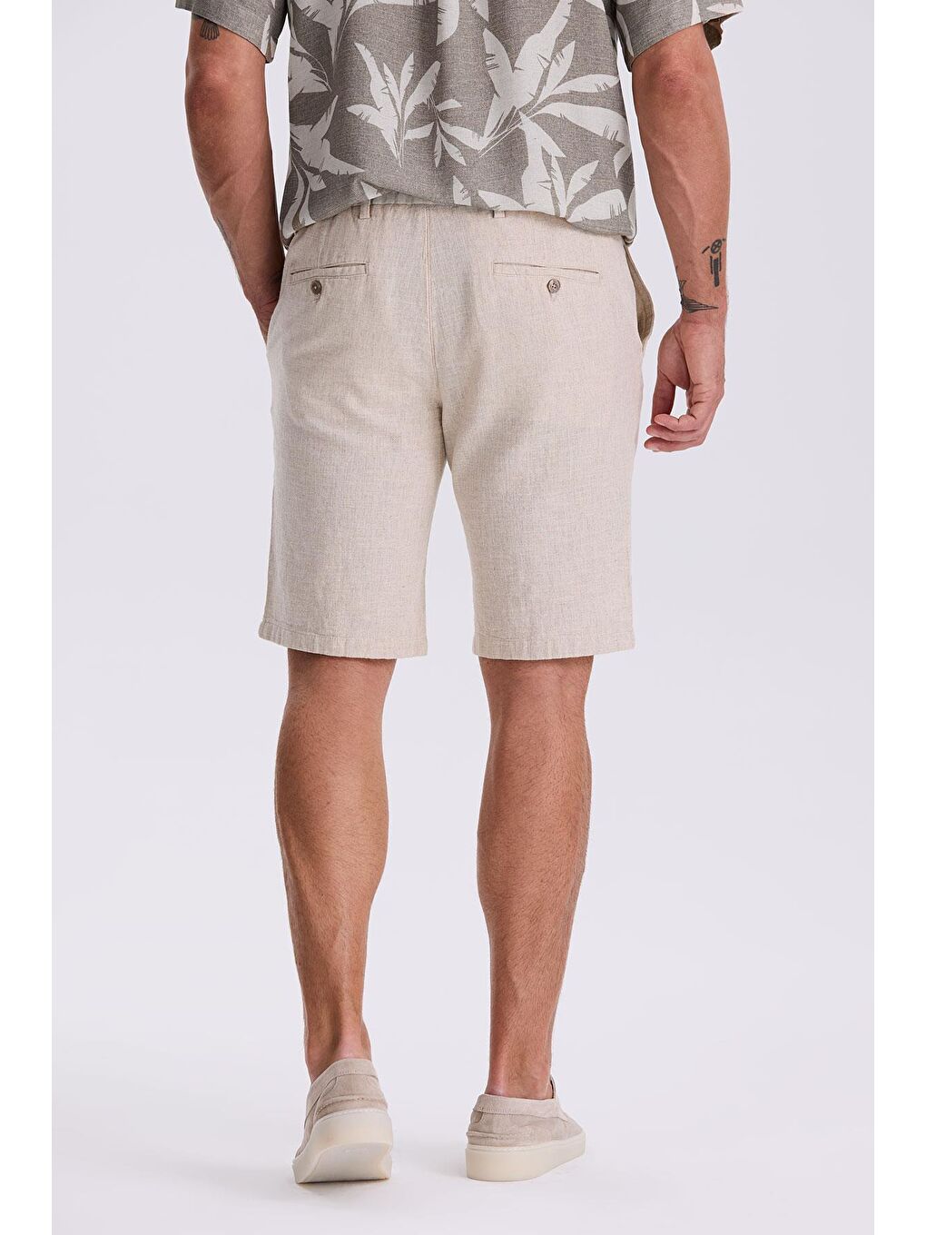 Bej Comfort Fit Pamuklu Rahat Kesim Keten Dokulu Şort-3