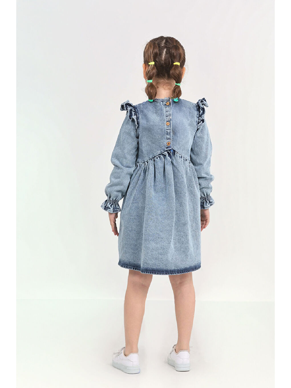 İndigo Kız Çocuk Papatya Nakışlı Omuz Fırfırlı Jean Elbise 12466-3