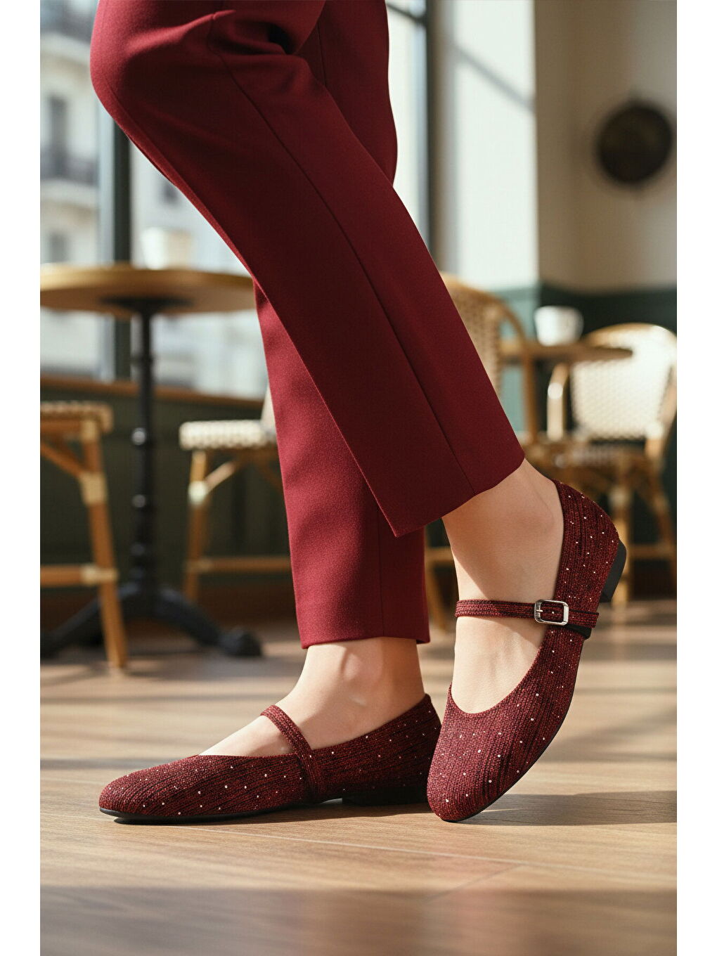 Bordo Hafif Esnek Taş İşlemeli Kadın Babet Ayakkabı 666158 Z-2