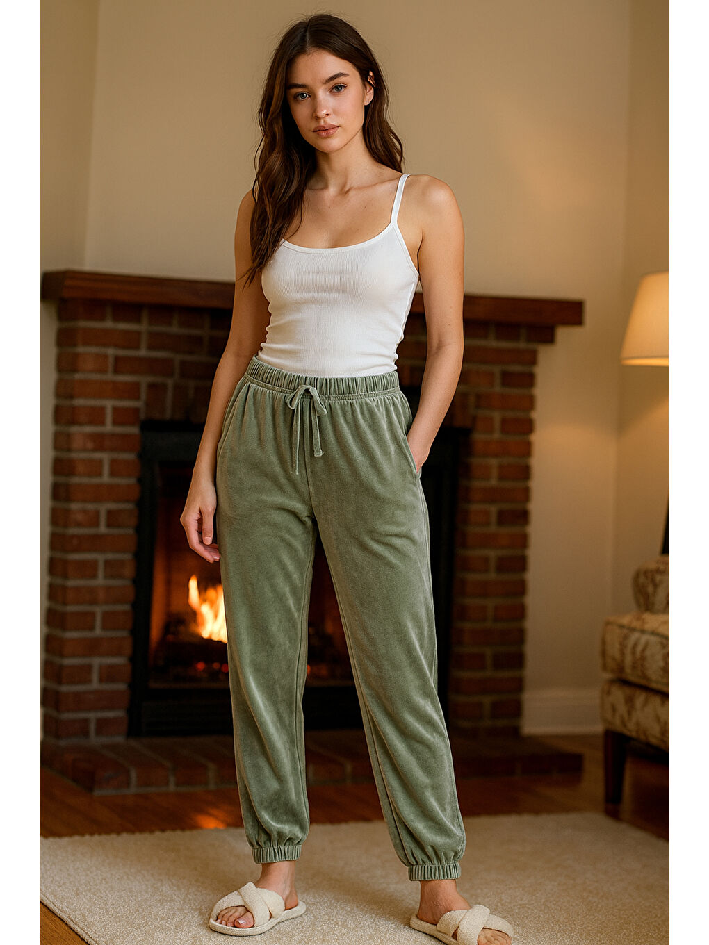 Kadın Paçası Lastikli Cep Detaylı Kadife Kumaş Tek Alt 503 Haki-3