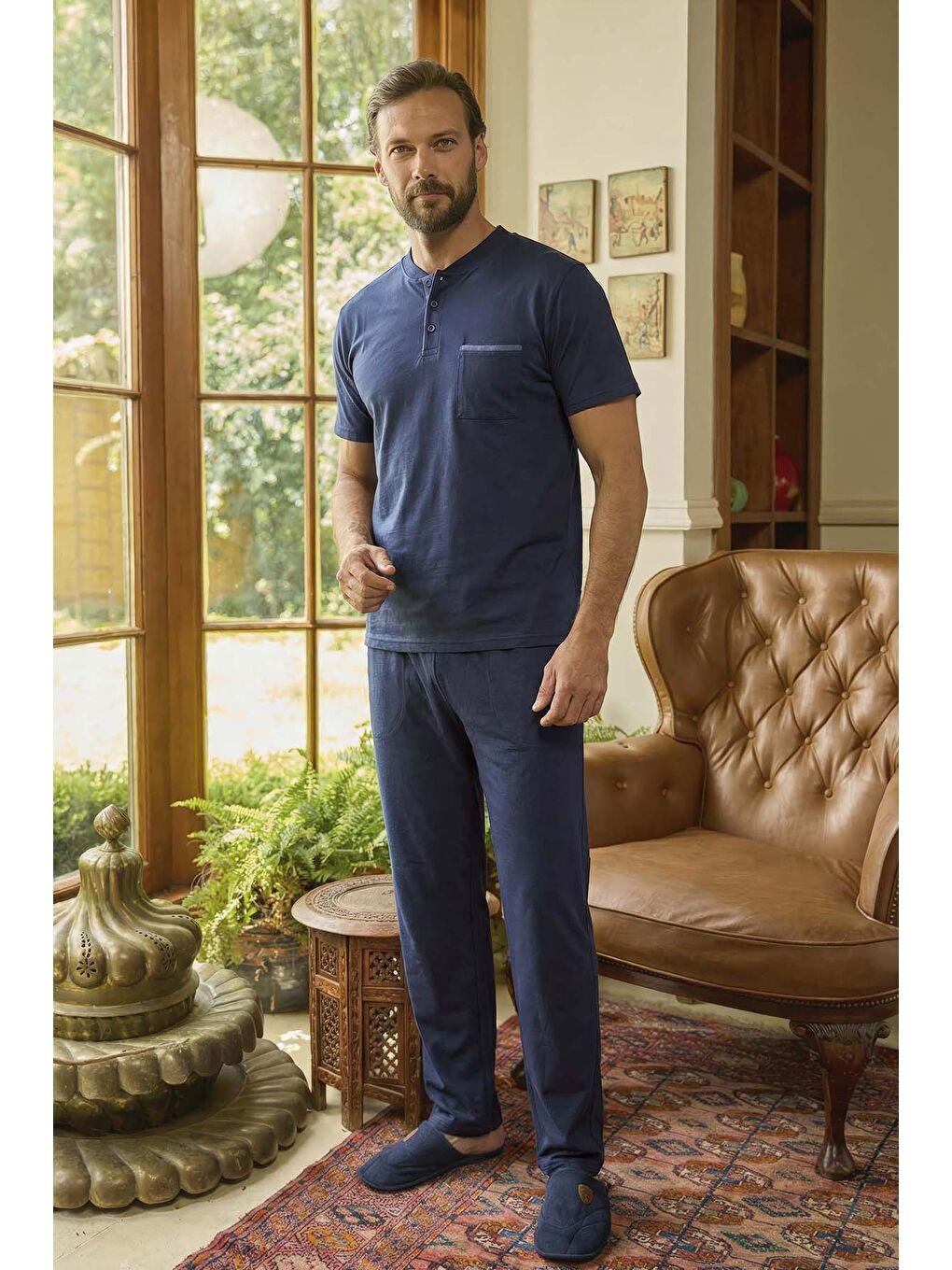 Erkek Kısa Kol Pamuklu Pijama Takımı 260422 Koyu Lacivert-2
