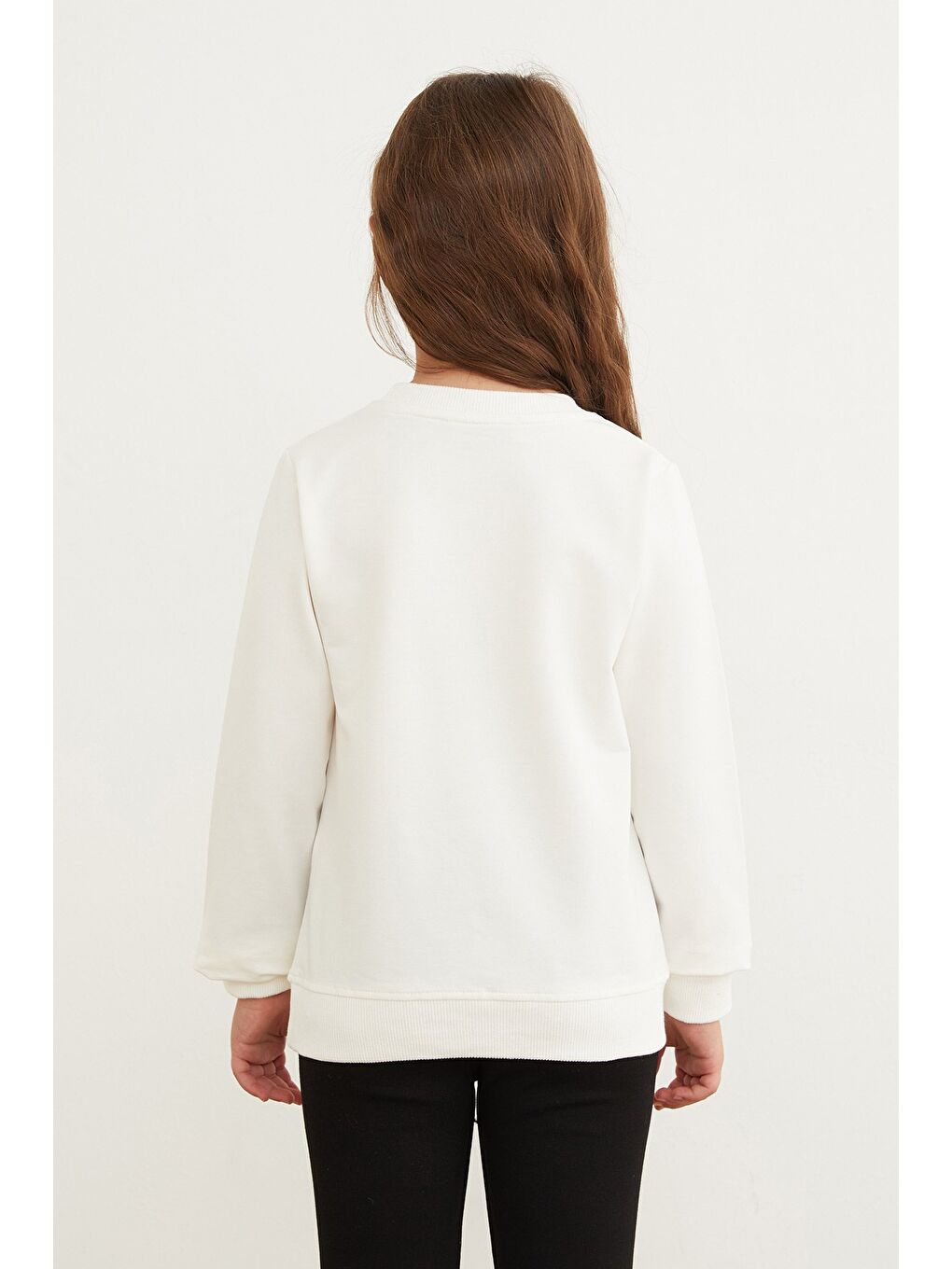 Ekru Kurdele Baskılı Bisiklet Yaka Kız Çocuk Sweatshirt-2