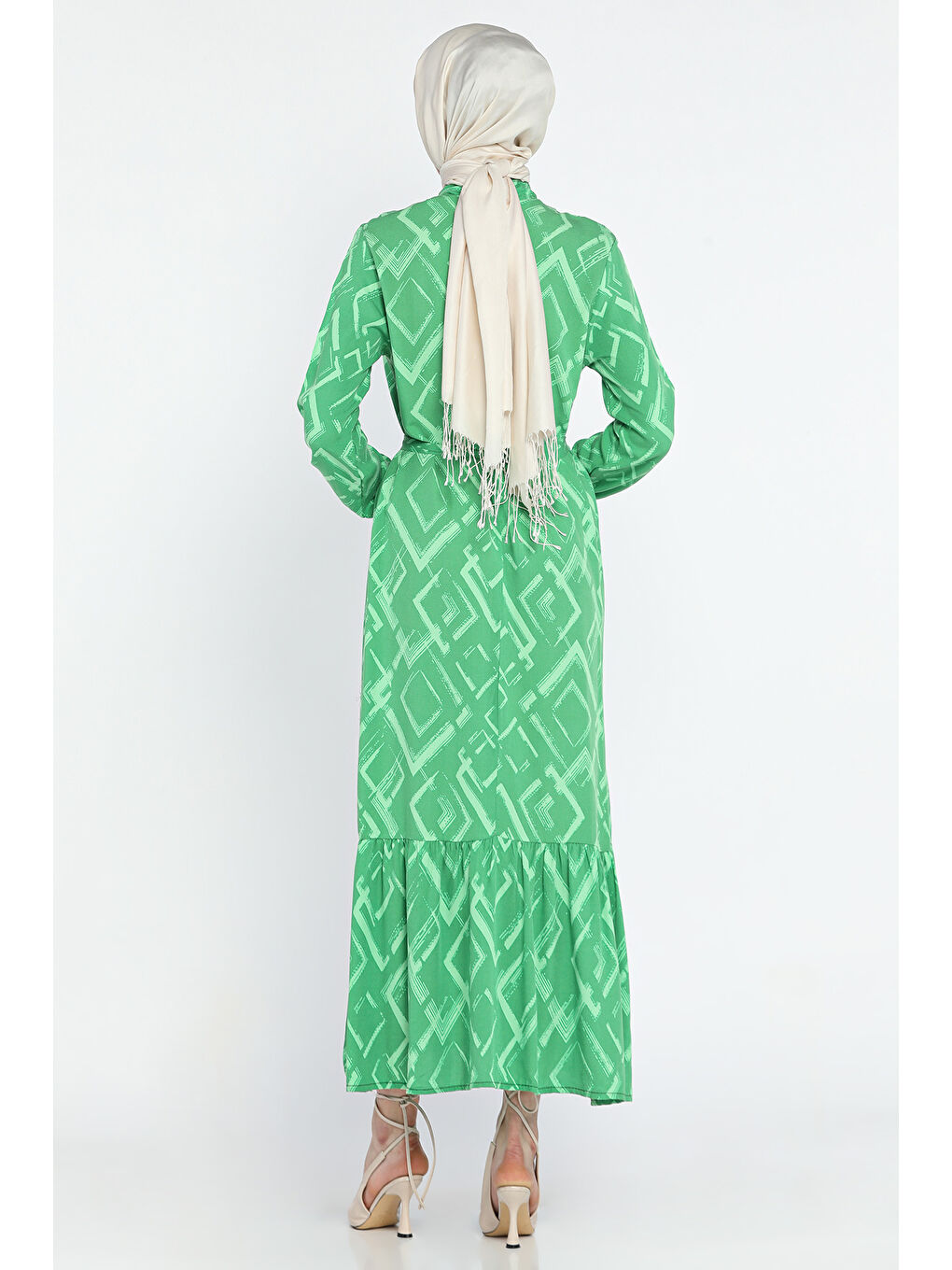 Yeşil Desenli Bel Kuşaklı Tesettür Viskon Elbise-4