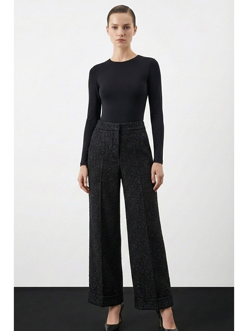 Geniş Double Paça Simli Siyah Tüvit Pantolon