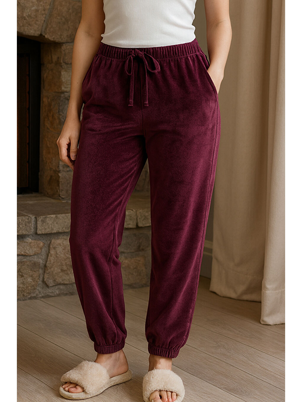 Kadın Paçası Lastikli Cep Detaylı Kadife Kumaş Tek Alt 503 Koyu Mürdüm-2