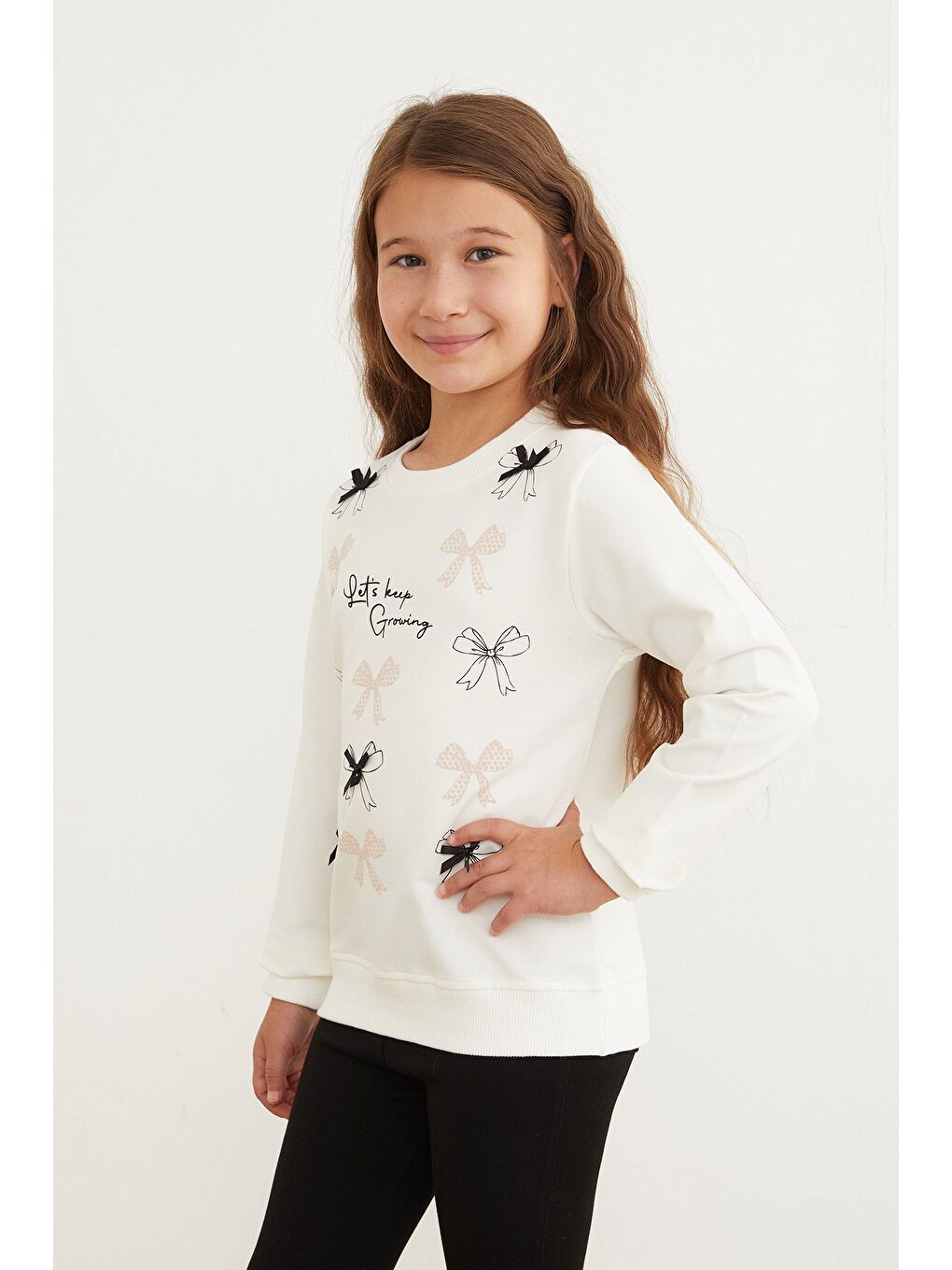 Ekru Kurdele Baskılı Bisiklet Yaka Kız Çocuk Sweatshirt-3