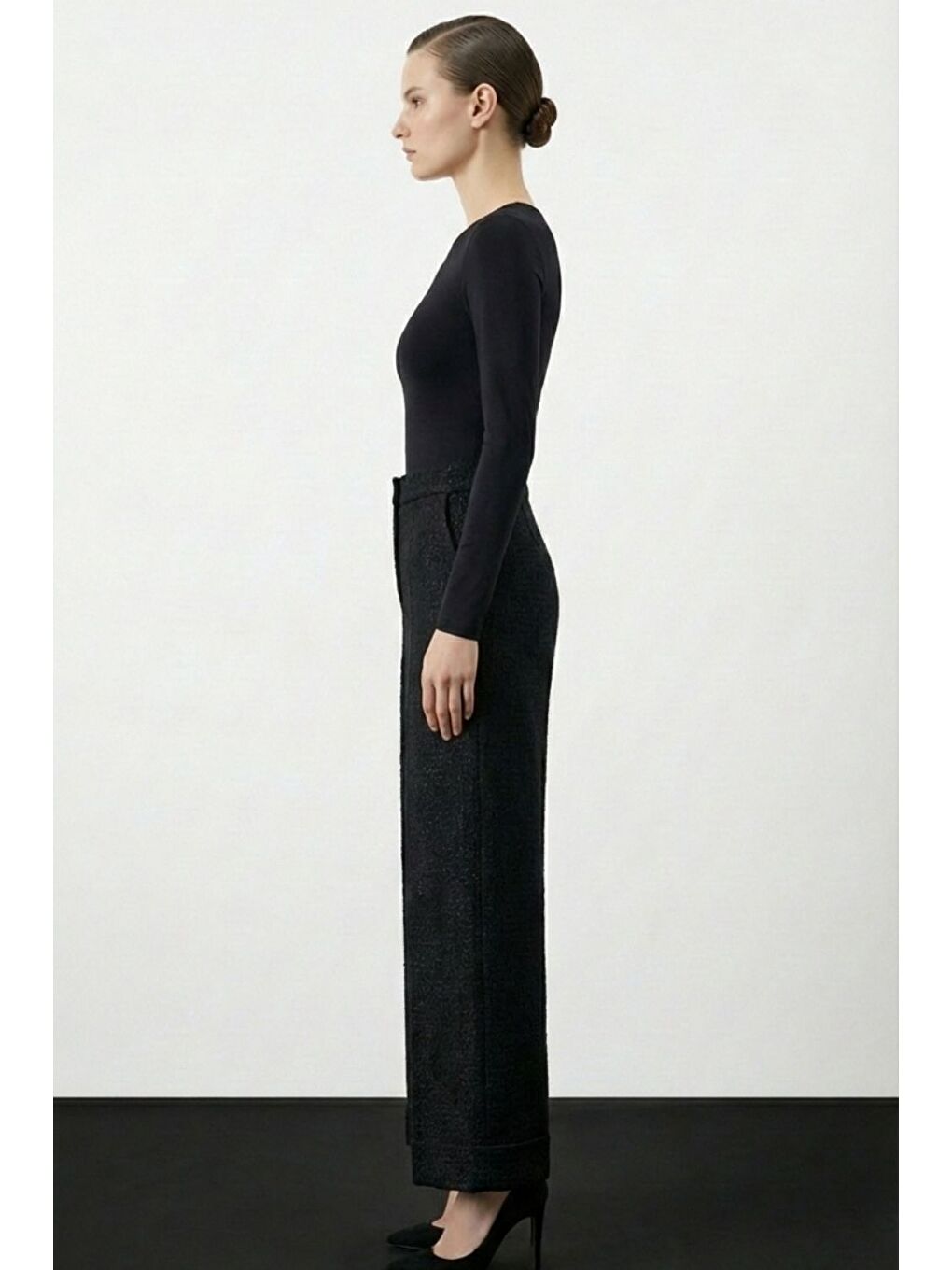 Geniş Double Paça Simli Siyah Tüvit Pantolon-1