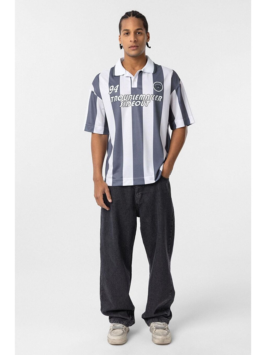 Gri Oversize Polo Yaka Forma Tişört Füme