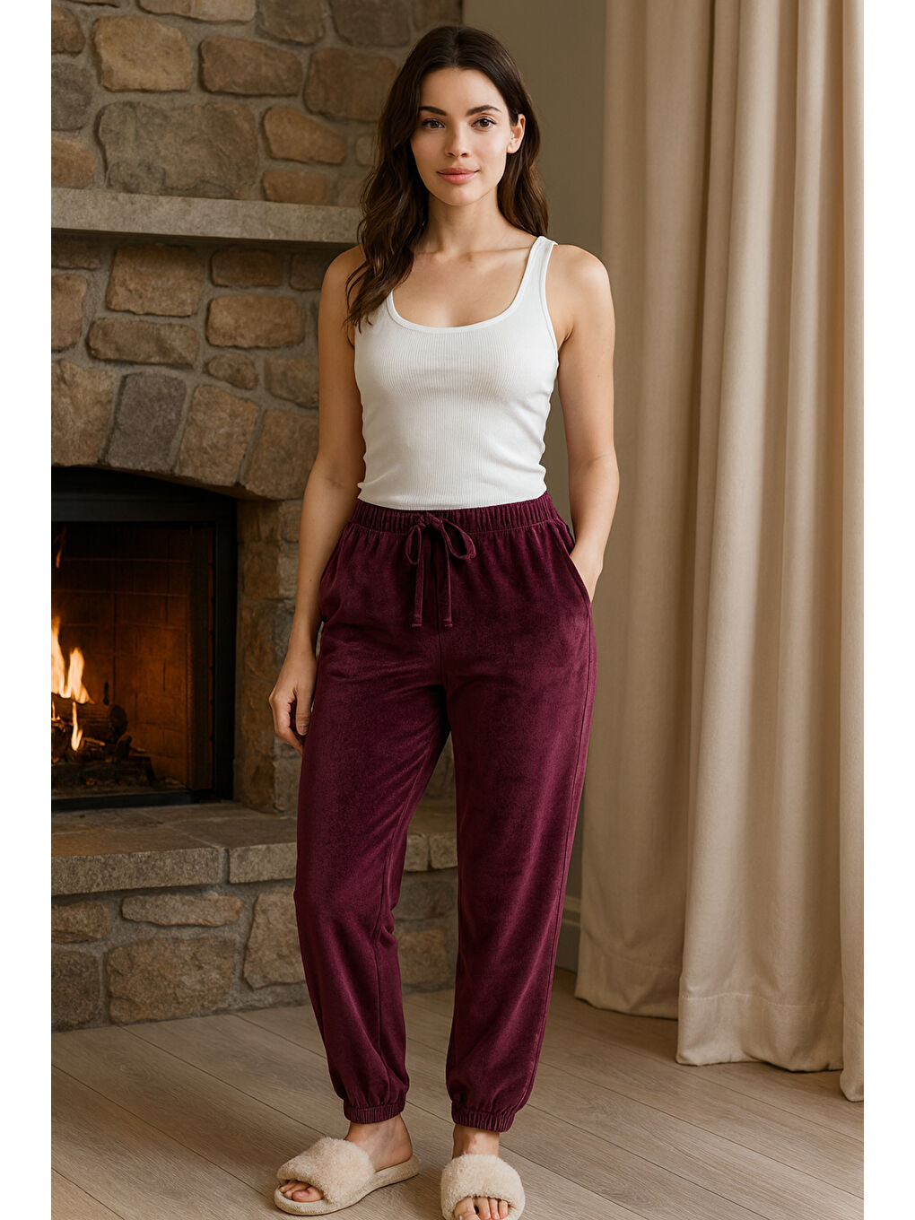 Kadın Paçası Lastikli Cep Detaylı Kadife Kumaş Tek Alt 503 Koyu Mürdüm-3