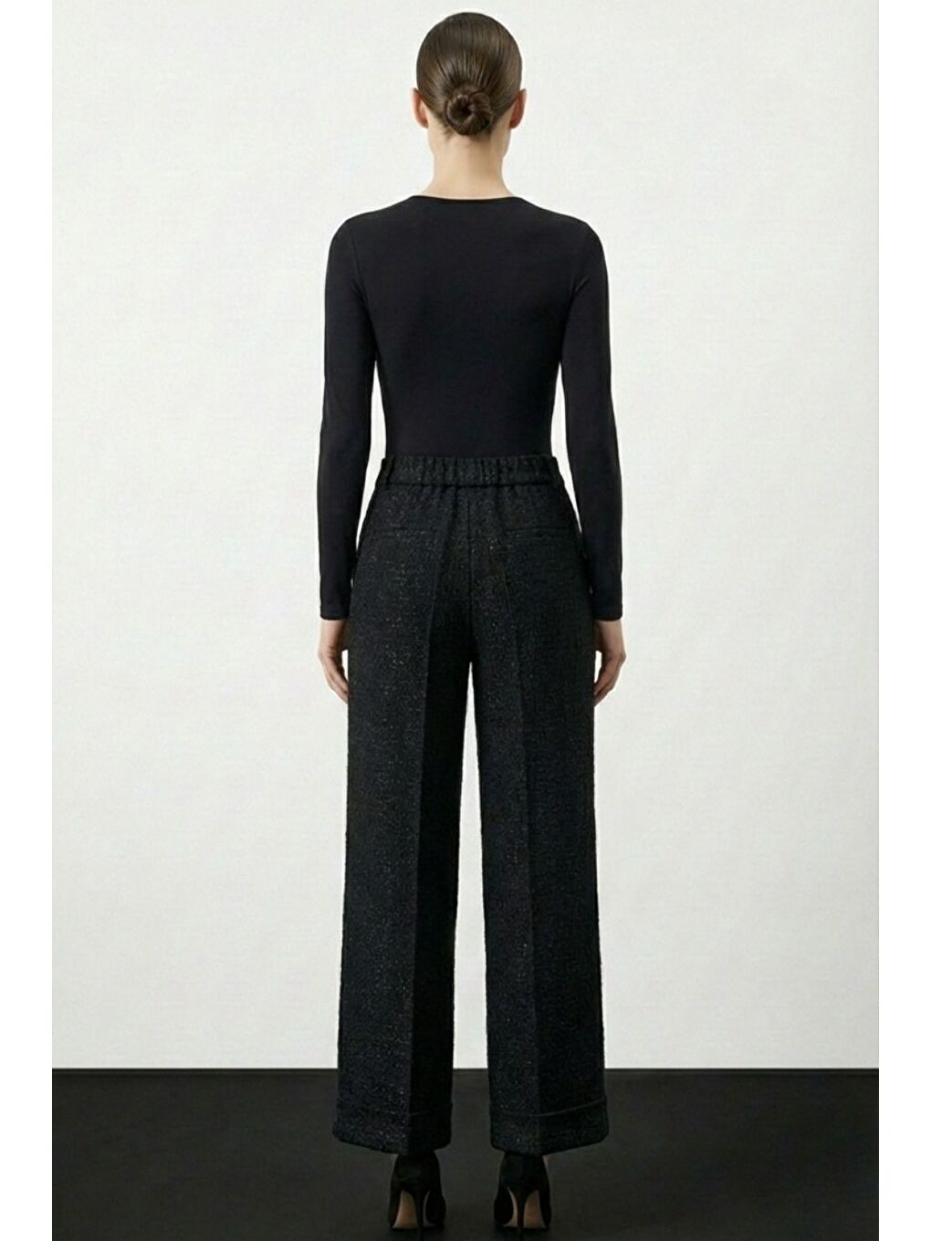 Geniş Double Paça Simli Siyah Tüvit Pantolon-2