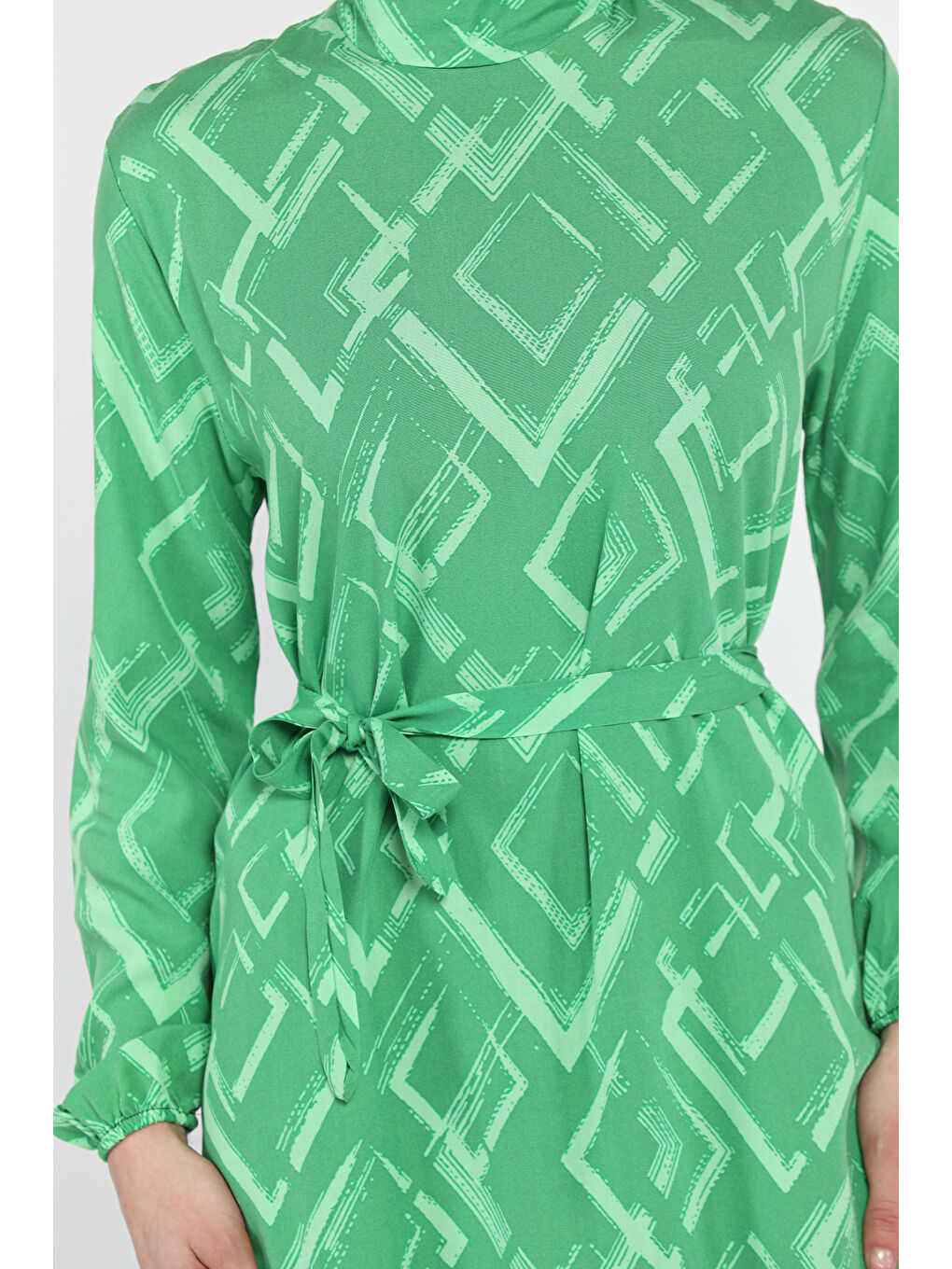 Yeşil Desenli Bel Kuşaklı Tesettür Viskon Elbise-7
