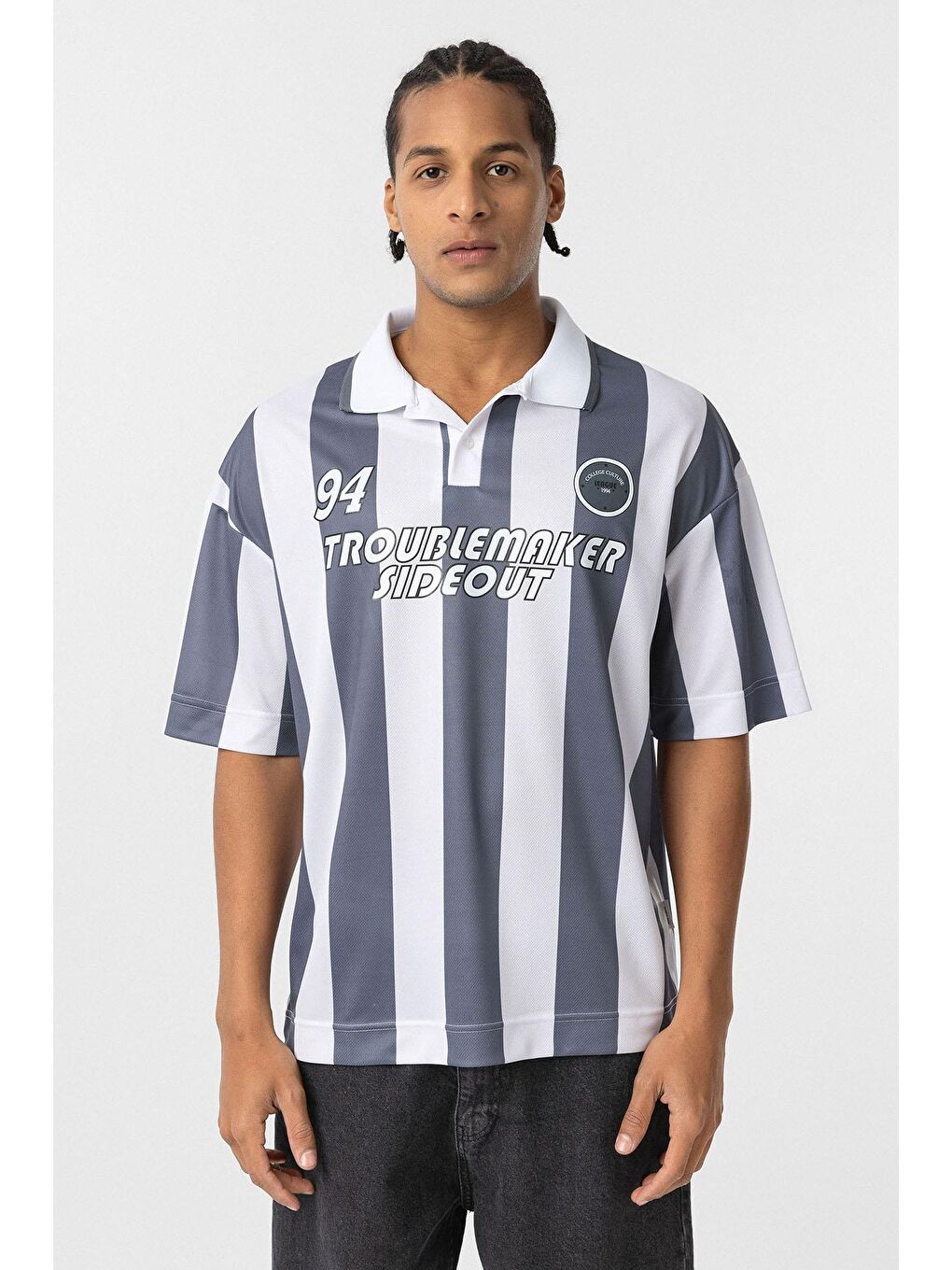 Gri Oversize Polo Yaka Forma Tişört Füme-2