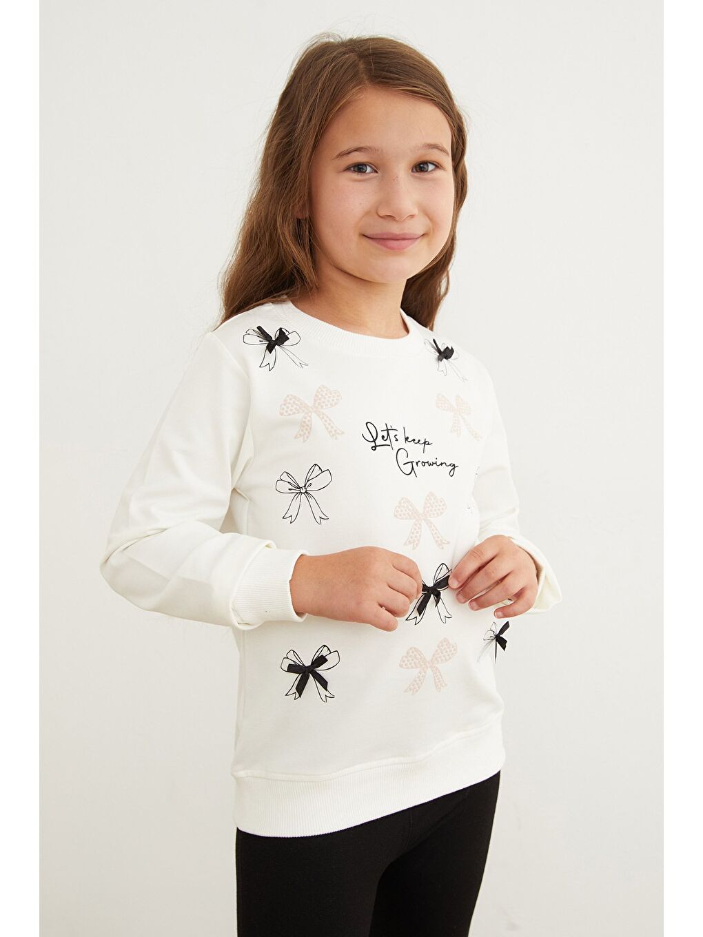 Ekru Kurdele Baskılı Bisiklet Yaka Kız Çocuk Sweatshirt-4