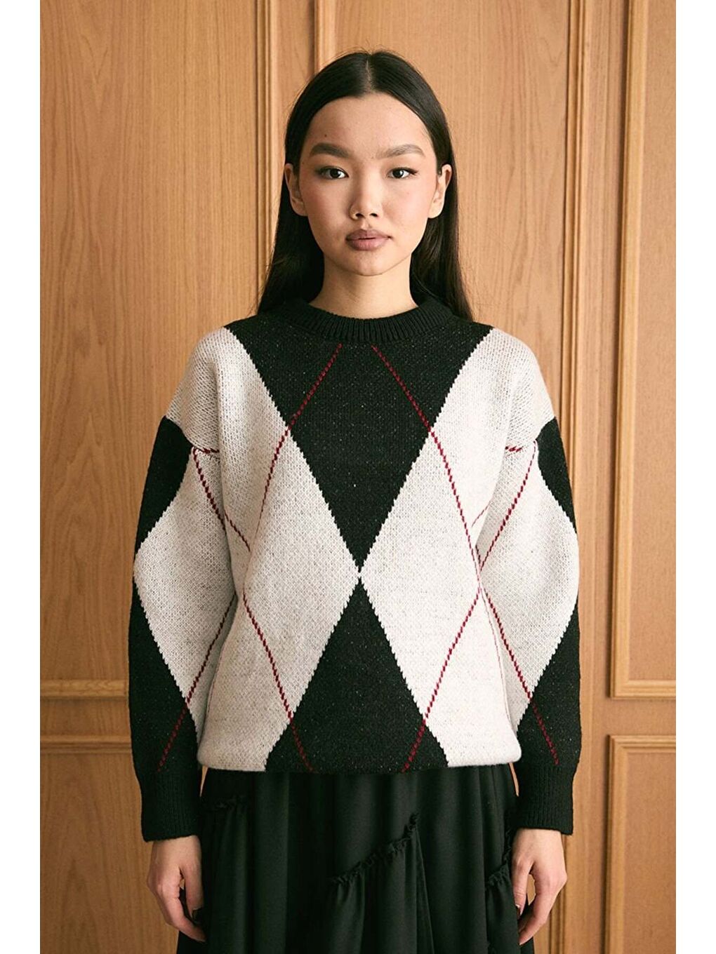 Siyah Baklava Desen Triko Kazak