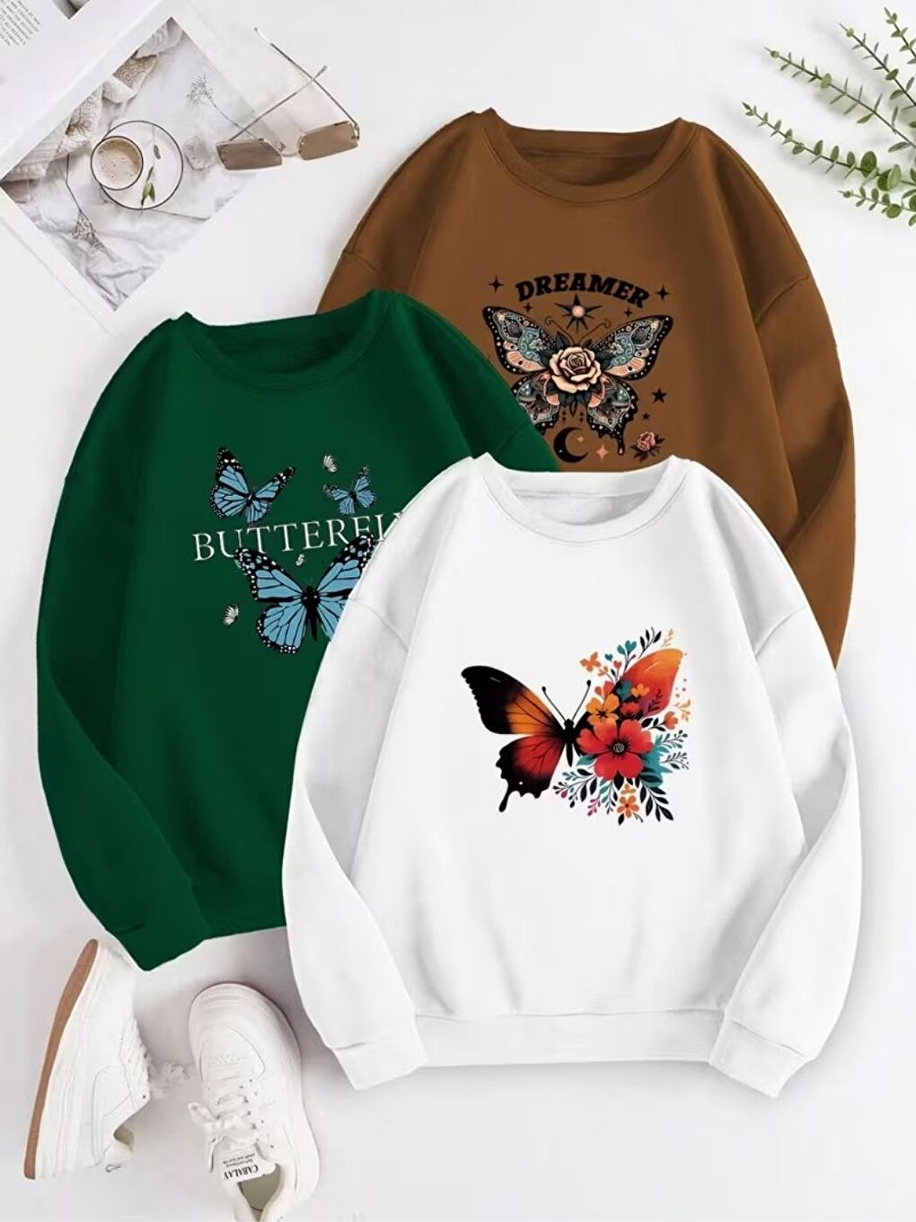 Karışık 3lü Set KELEBEKLER Baskılı Kahve Nefti Beyaz Bisiklet Yaka Sweatshirt