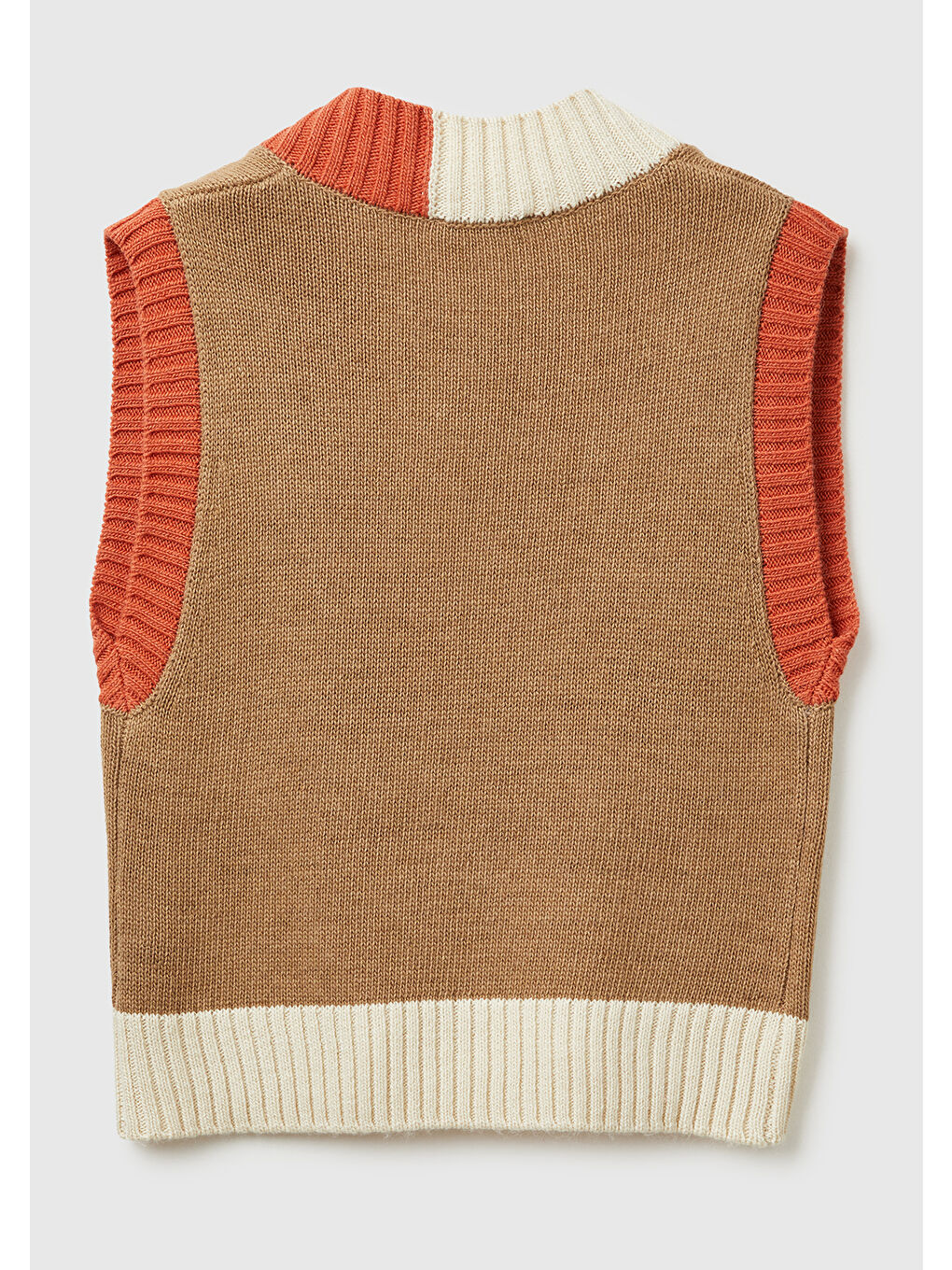 Kadın Açık Kahverengi Akrilik ve Yün Karışımlı Ribana Detaylı V Yaka Kolsuz Kazak-3