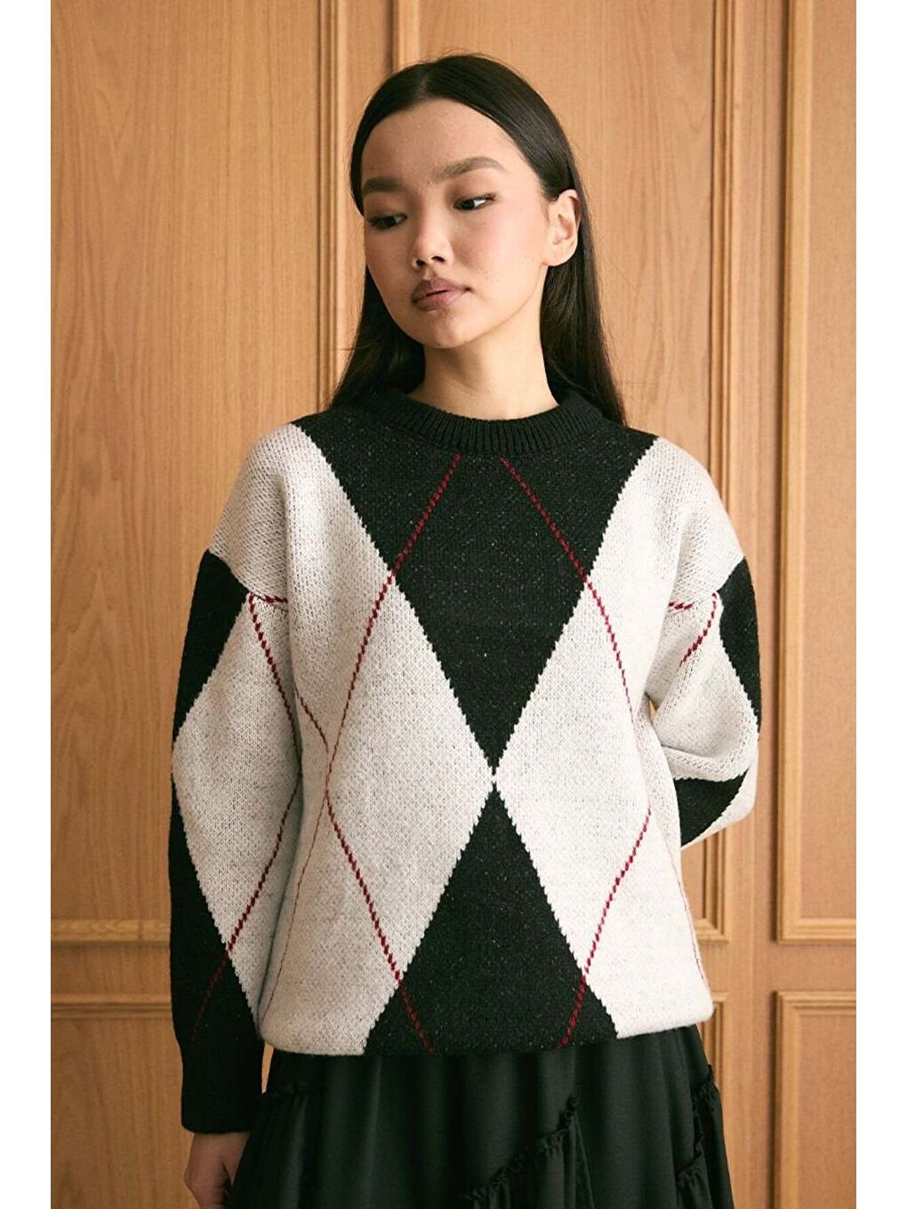 Siyah Baklava Desen Triko Kazak-1