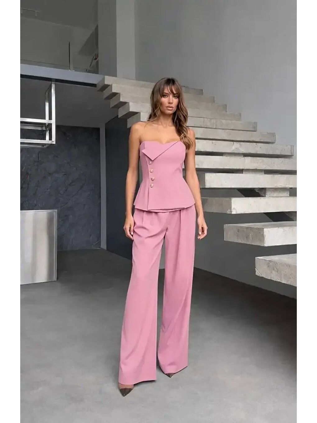 Straplez Bluz Ve Pantolon Alt Üst Takım Pembe