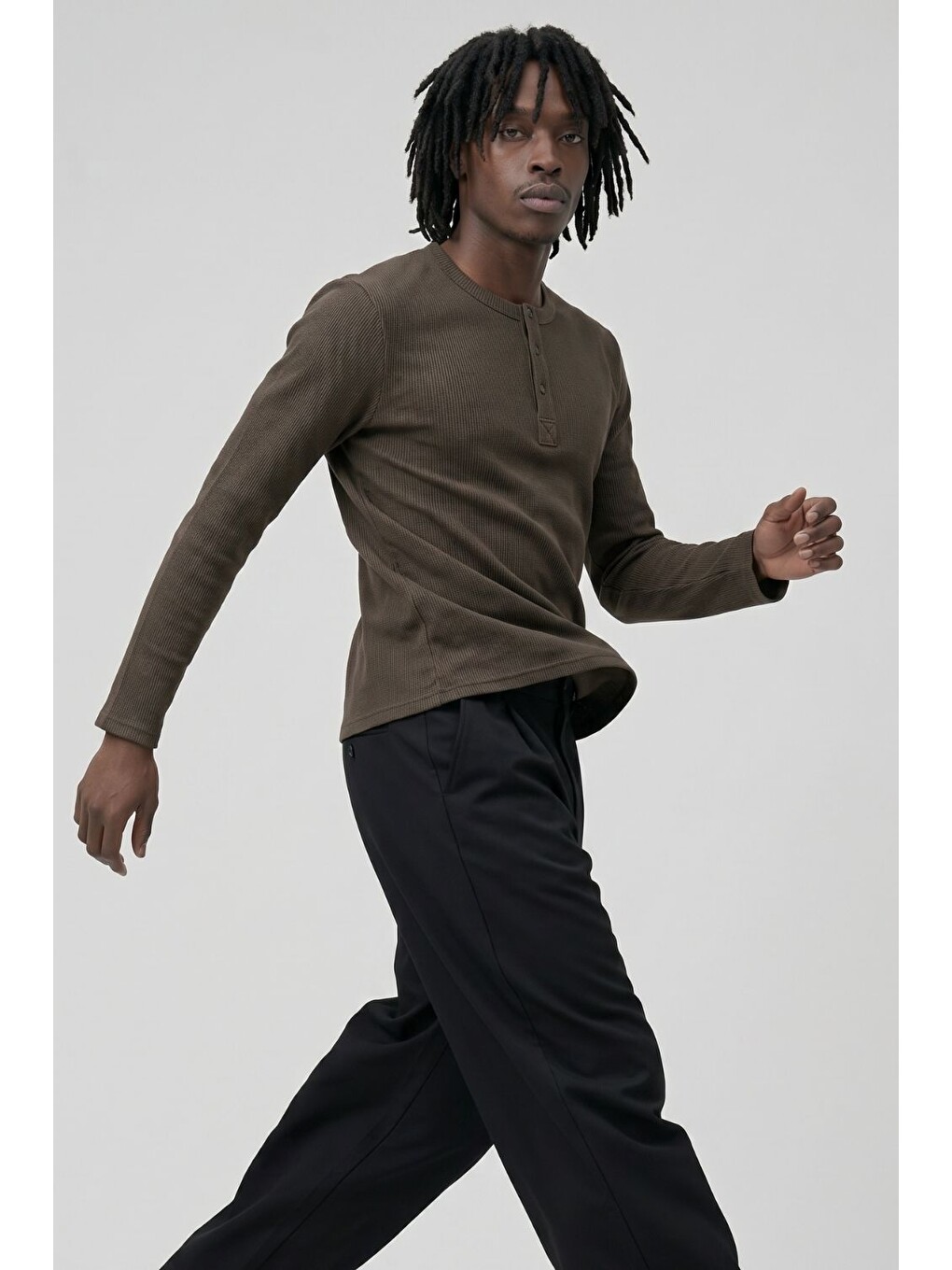 Erkek Haki Henley  T-Shirt-4