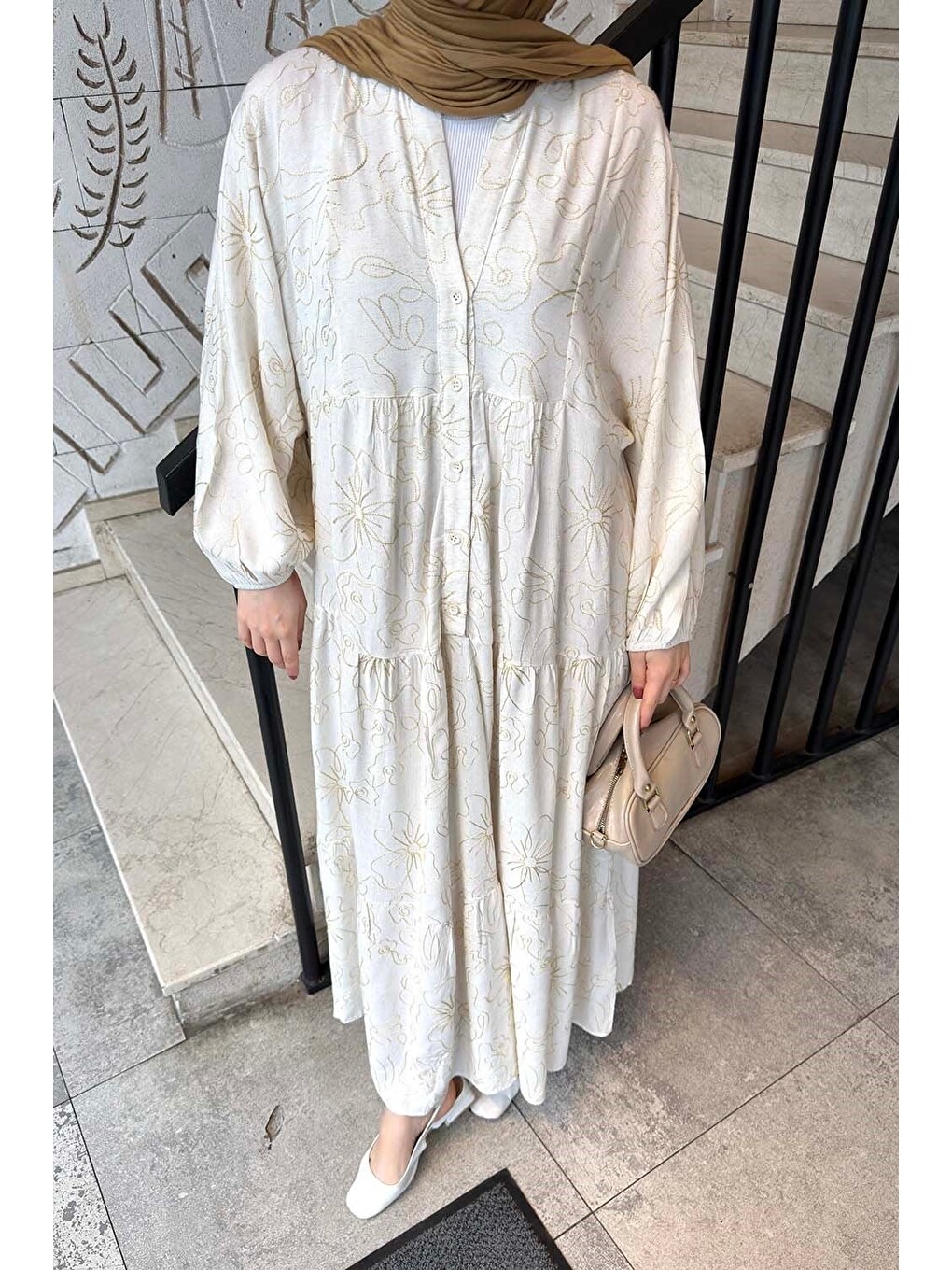 Katleya Model İşlemeli Elbise Ekru-2