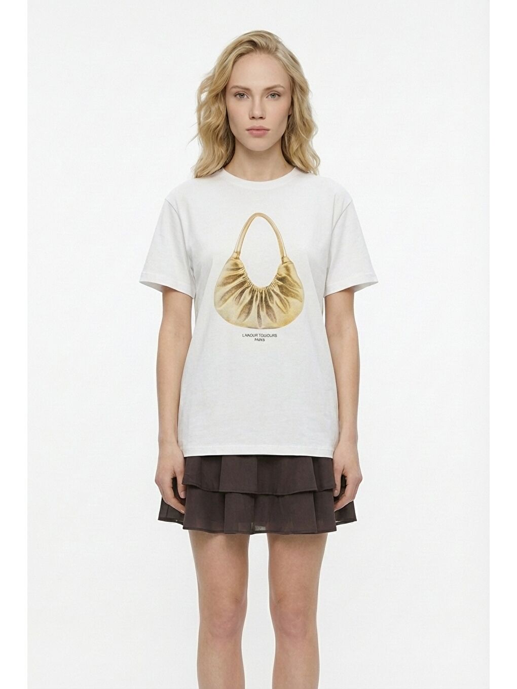 Çanta Baskılı Bisiklet Yaka Tişört Ekru