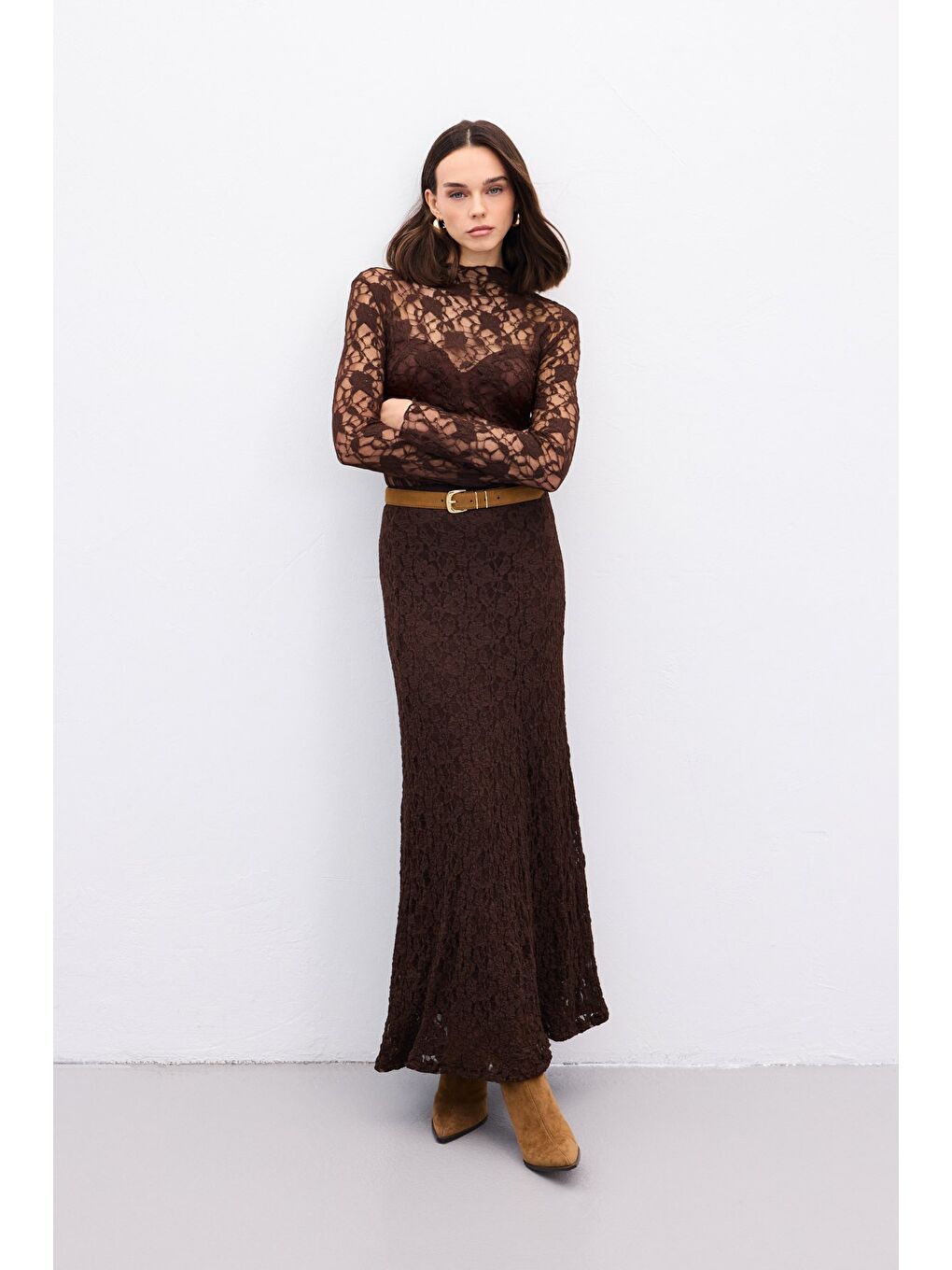 Kahverengi Transparan Dantel Bluz - Kahve-1