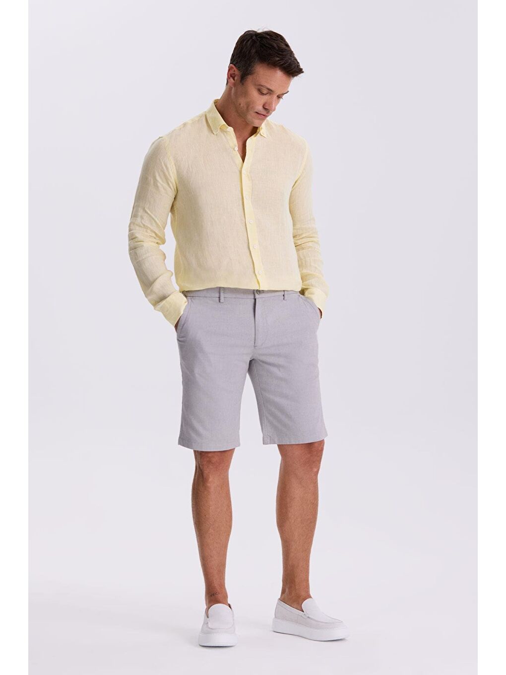 Gri Comfort Fit Keten Dokulu Rahat Kesim Pamuklu Şort-1