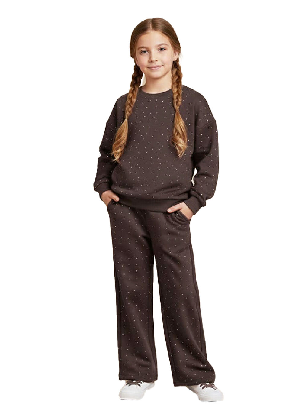 Kahverengi Kız Çocuk Taş Süslemeli 2 İplik Alt-Üst Takım 4-12 Yaş 12514-1