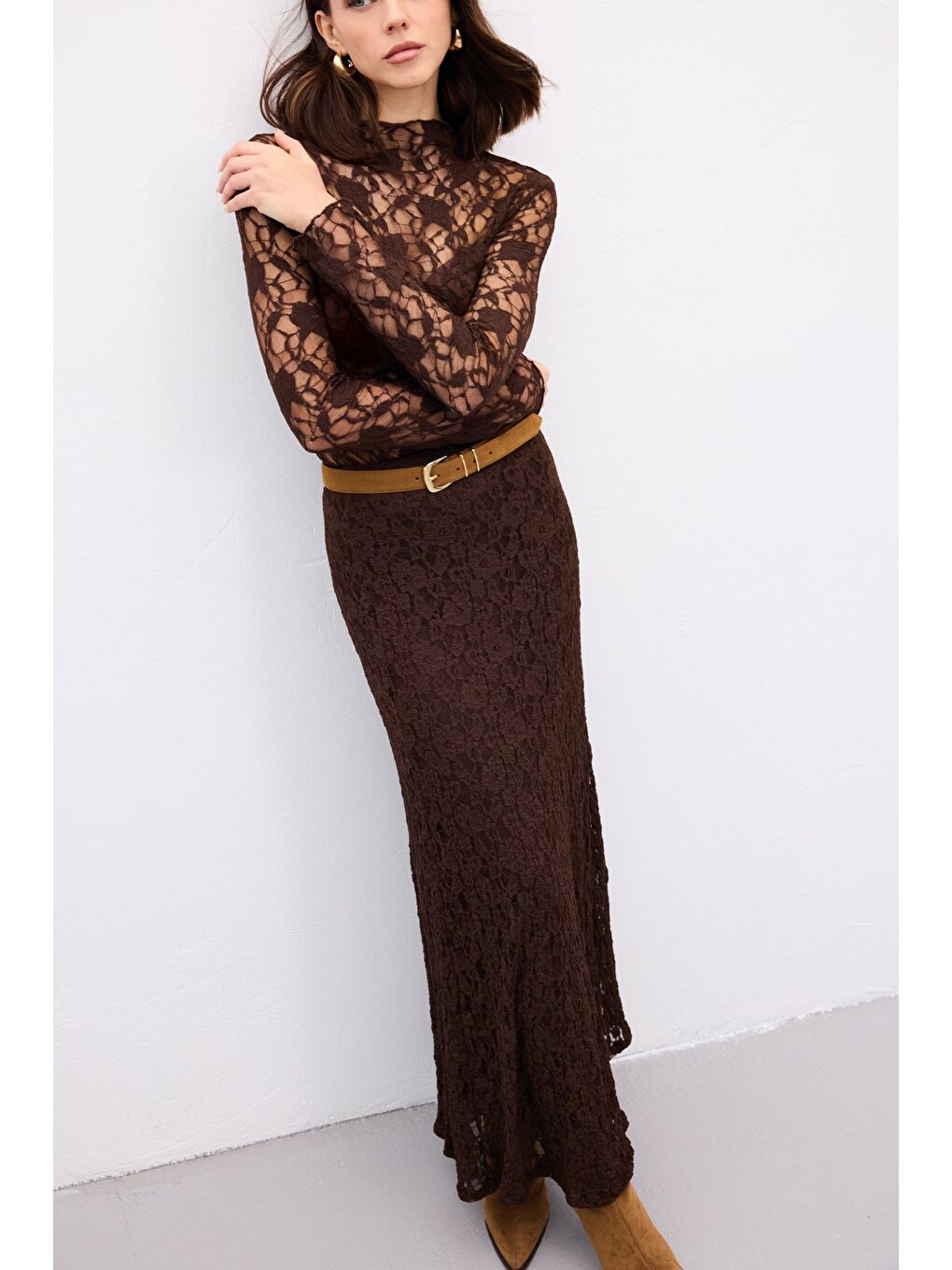 Kahverengi Transparan Dantel Bluz - Kahve-2