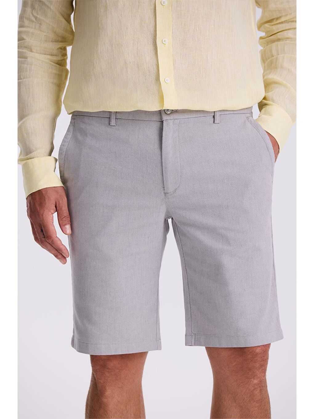 Gri Comfort Fit Keten Dokulu Rahat Kesim Pamuklu Şort-2
