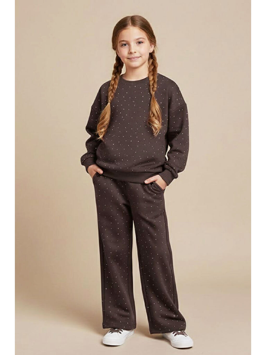 Kahverengi Kız Çocuk Taş Süslemeli 2 İplik Alt-Üst Takım 4-12 Yaş 12514-2