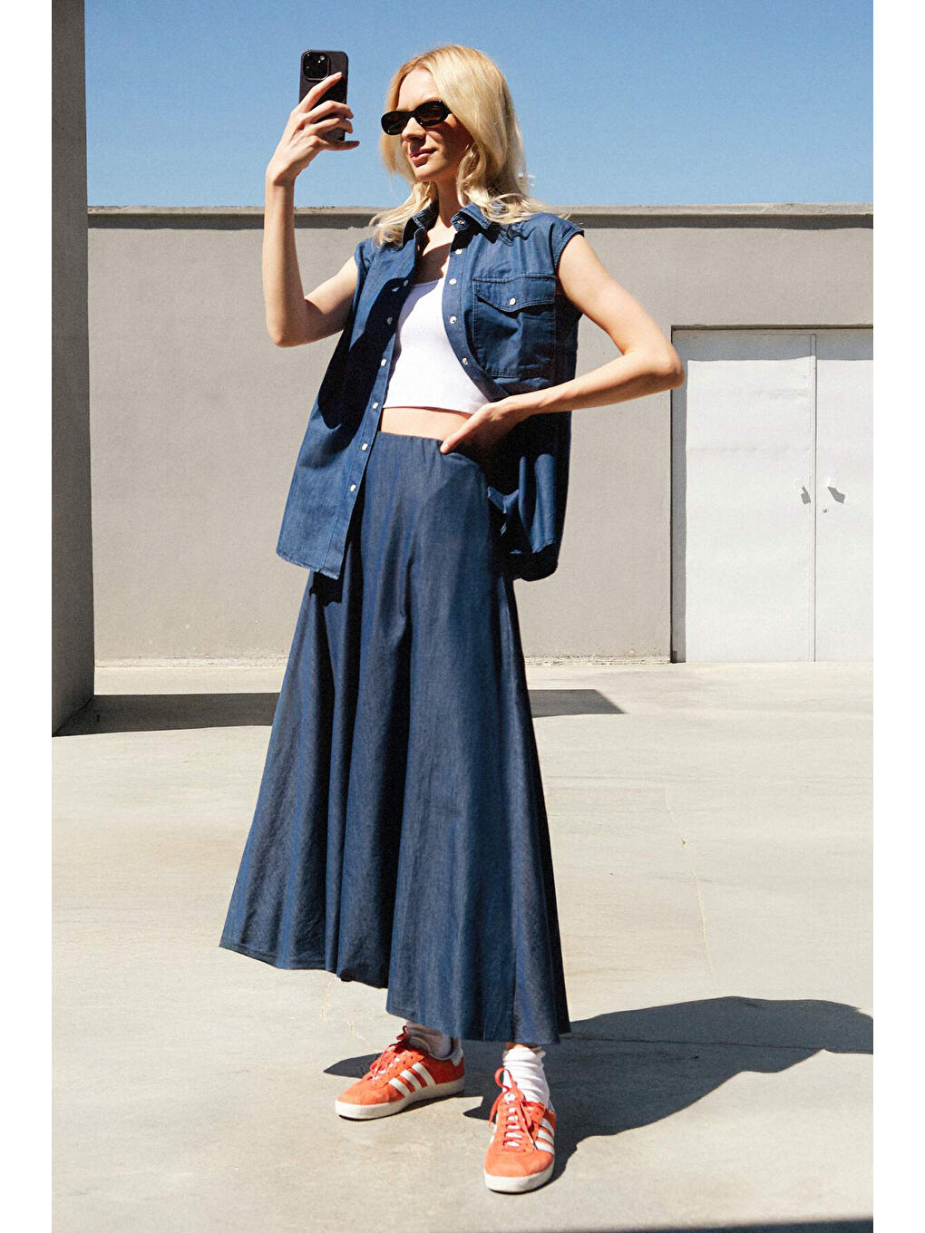 Mavi Denim Efektli Balon Etek