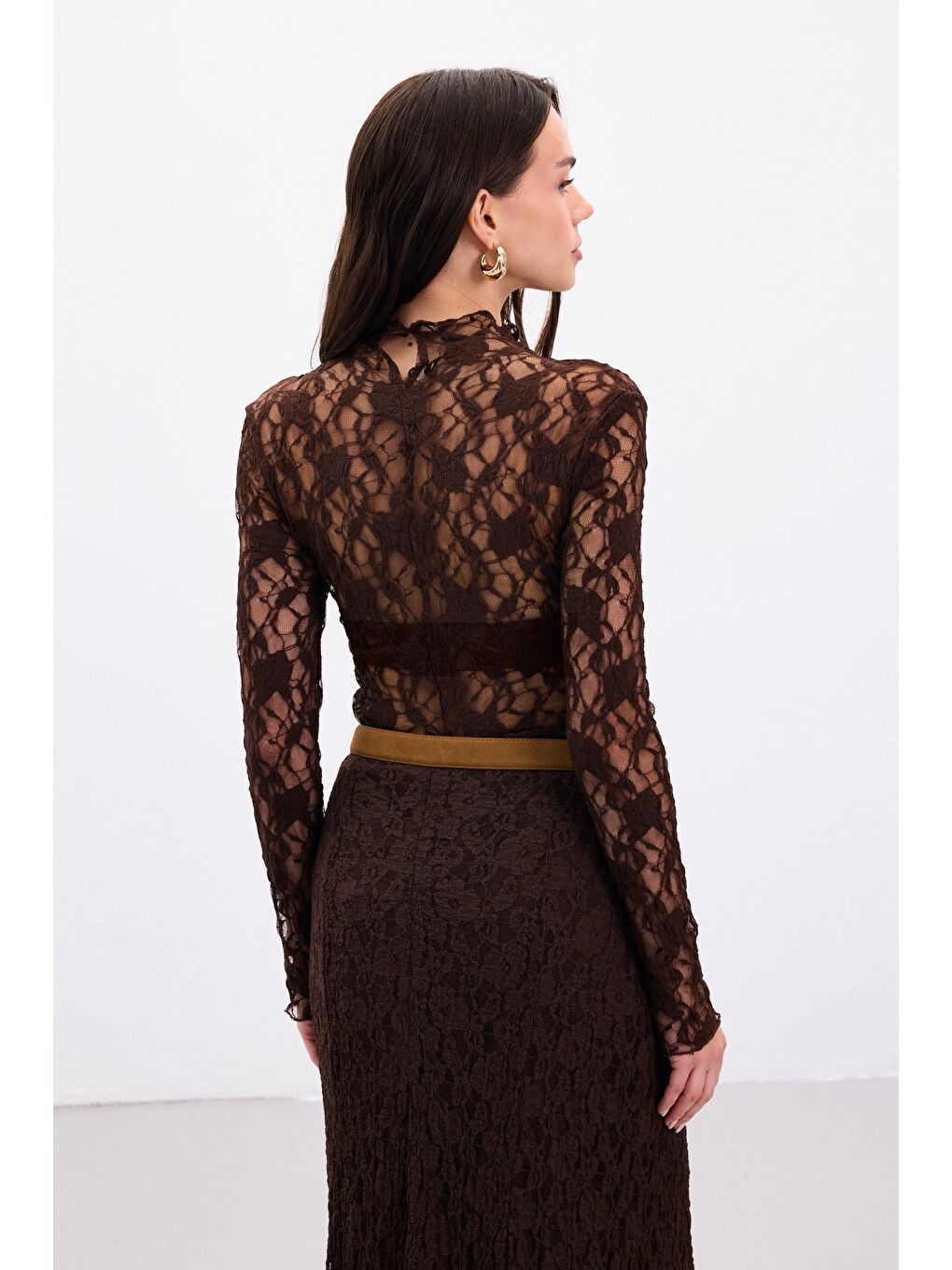 Kahverengi Transparan Dantel Bluz - Kahve-4