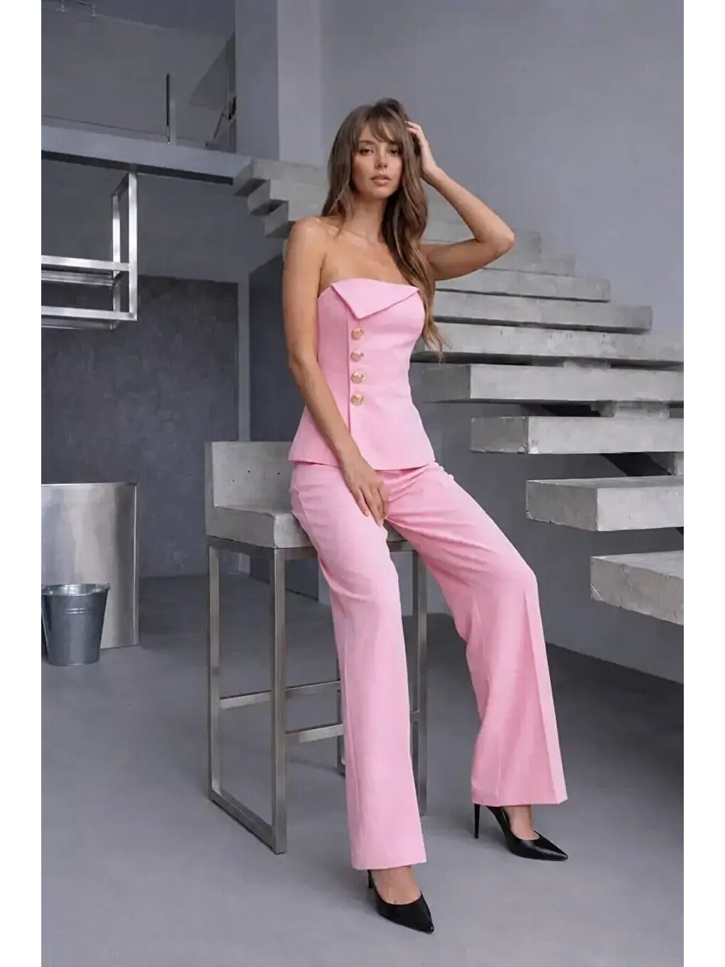 Straplez Bluz Ve Pantolon Alt Üst Takım Pembe-1