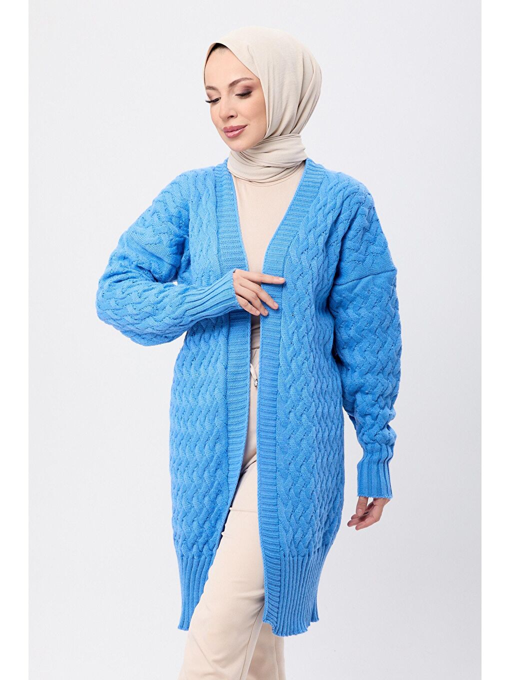 Ceket Yaka Kadın Mavi Triko Hırka - 23104-1