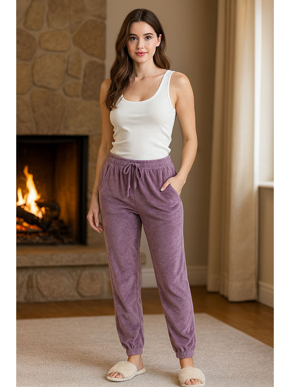 Kadın Paçası Lastikli Cep Detaylı Kadife Kumaş Tek Alt 503 Lila-1