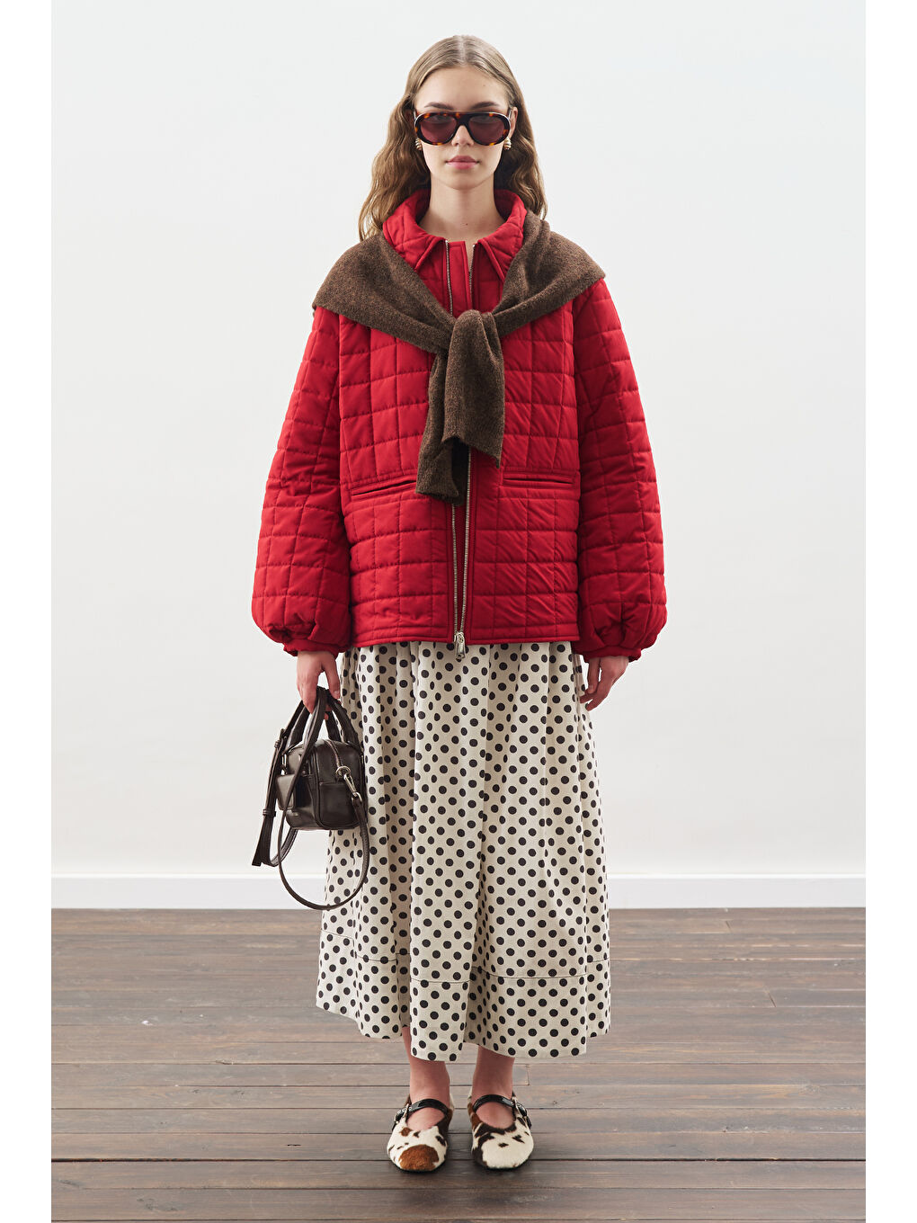 Puantiyeli Beli Büzgülü Etek Ekru-1