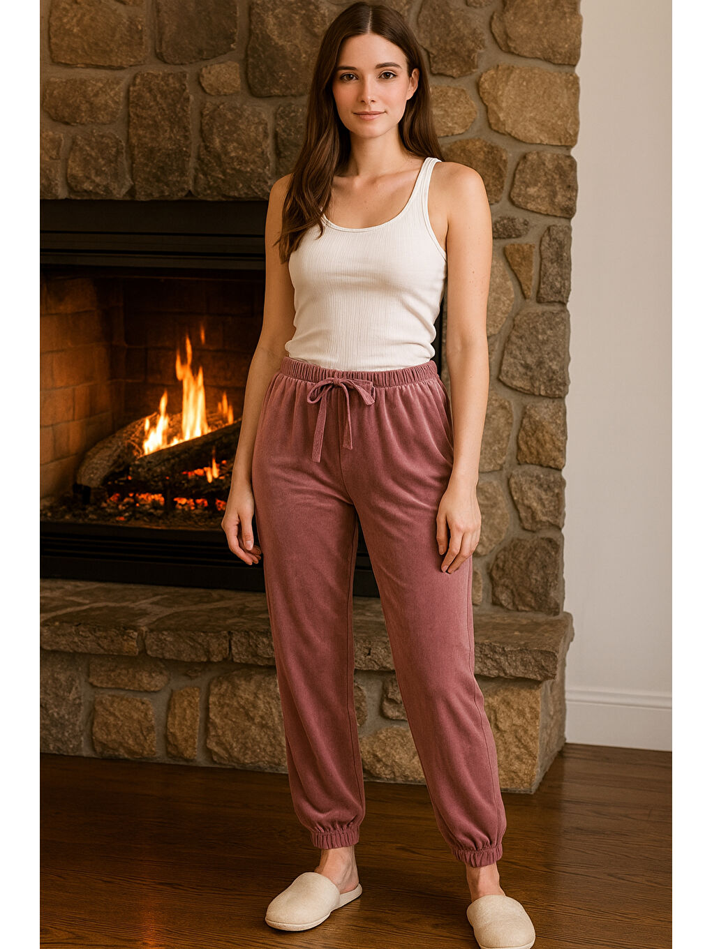 Pembe Kadın Paçası Lastikli Cep Detaylı Kadife Kumaş Tek Alt 503 Gül Kurusu-3