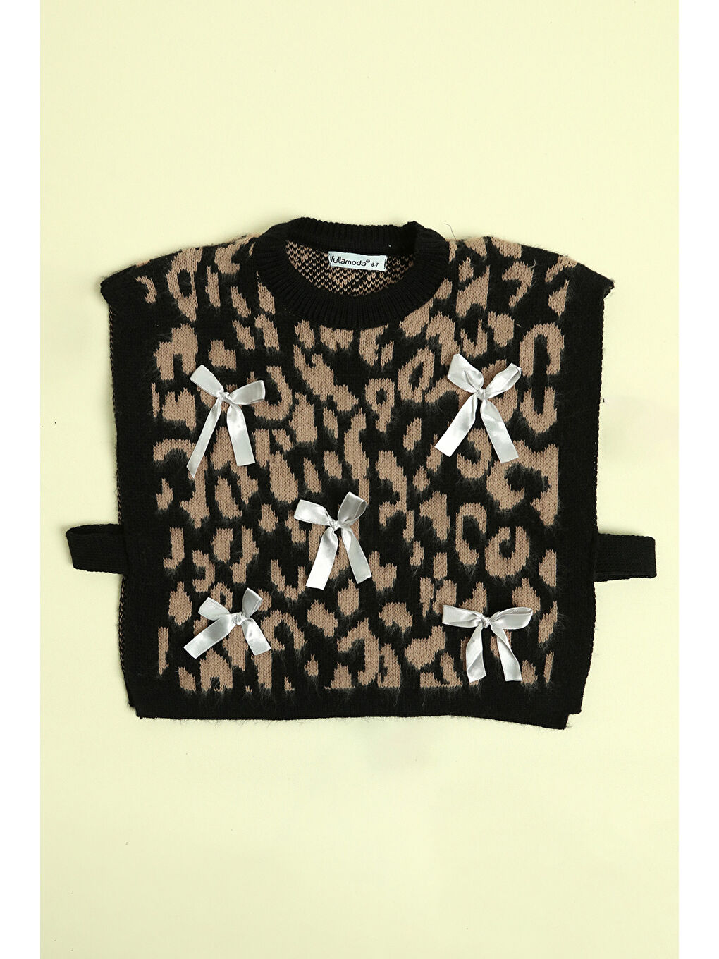 Gri Leopar Desenli Fiyonklu Kız Çocuk Triko Süveter-2