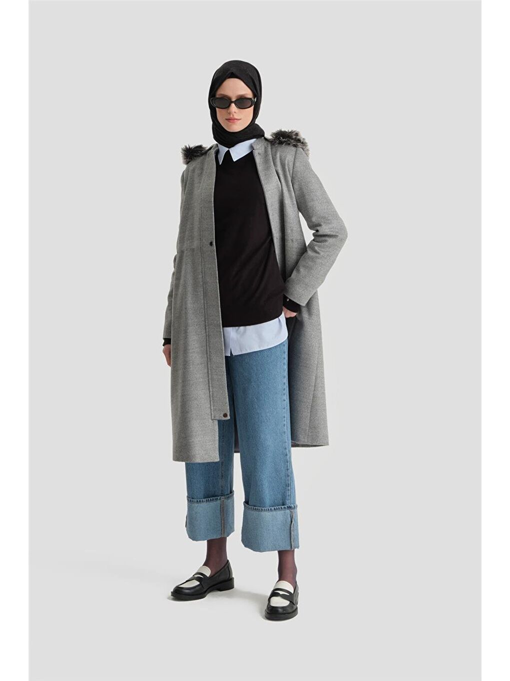 Kapüşonu Kürklü Kaban 24K7616 Gri