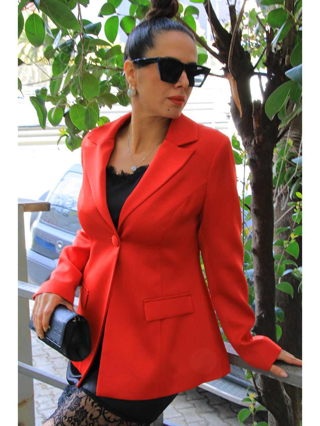 Kırmızı Kadın, Tek Düğmeli, Broşlu, Şik, Blazer Ceket-4