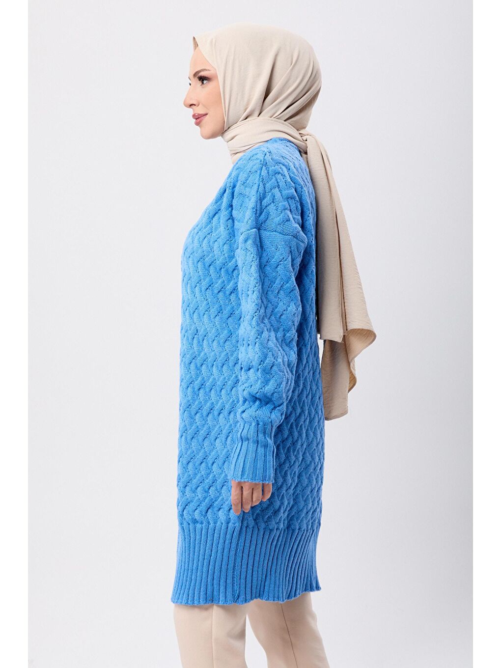 Ceket Yaka Kadın Mavi Triko Hırka - 23104-2